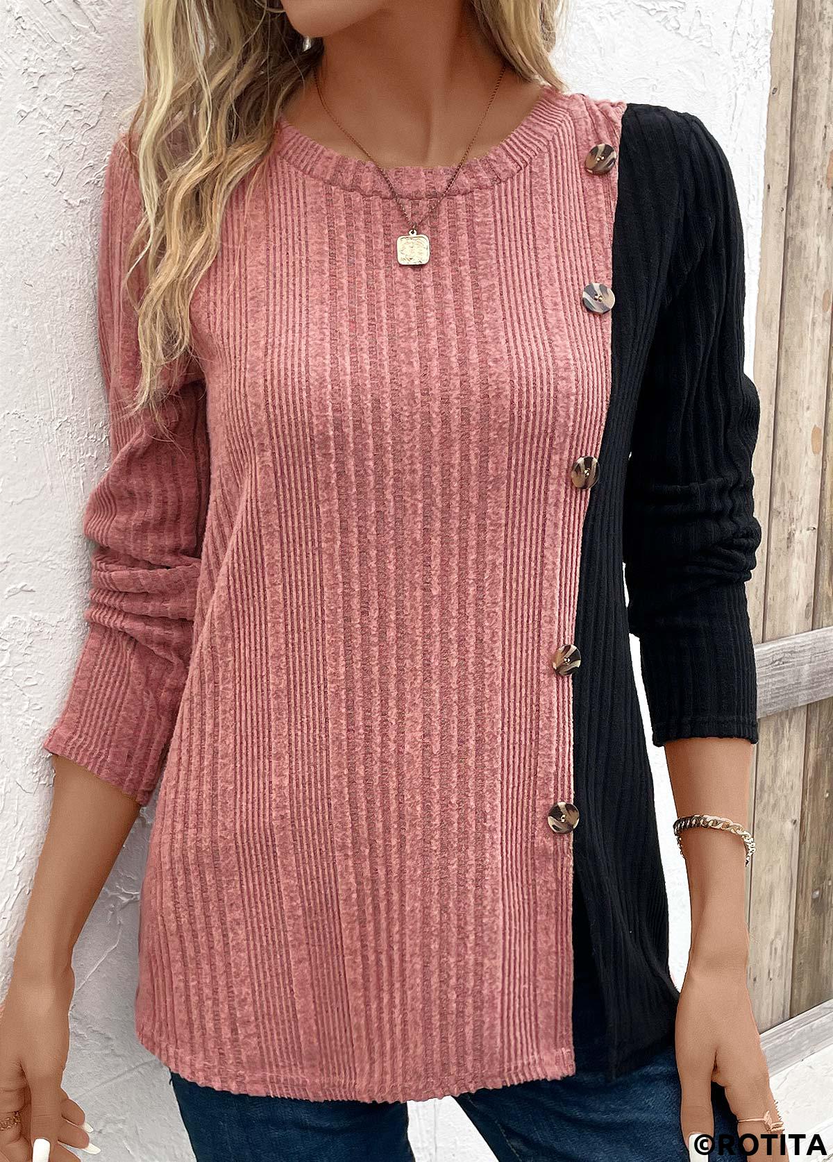Pink plus size,Black plus size,Contrast Color plus size,ROTITA Plus Size Patchwork Black Round Neck T Shirt
