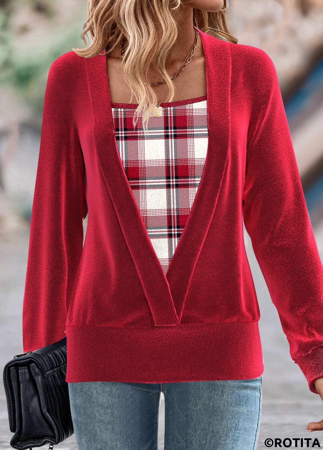 Red tops,Plaid tops,Striped tops,ROTITA Fake 2in1 Plaid Red Square Neck Long Sleeve Sweatshirt