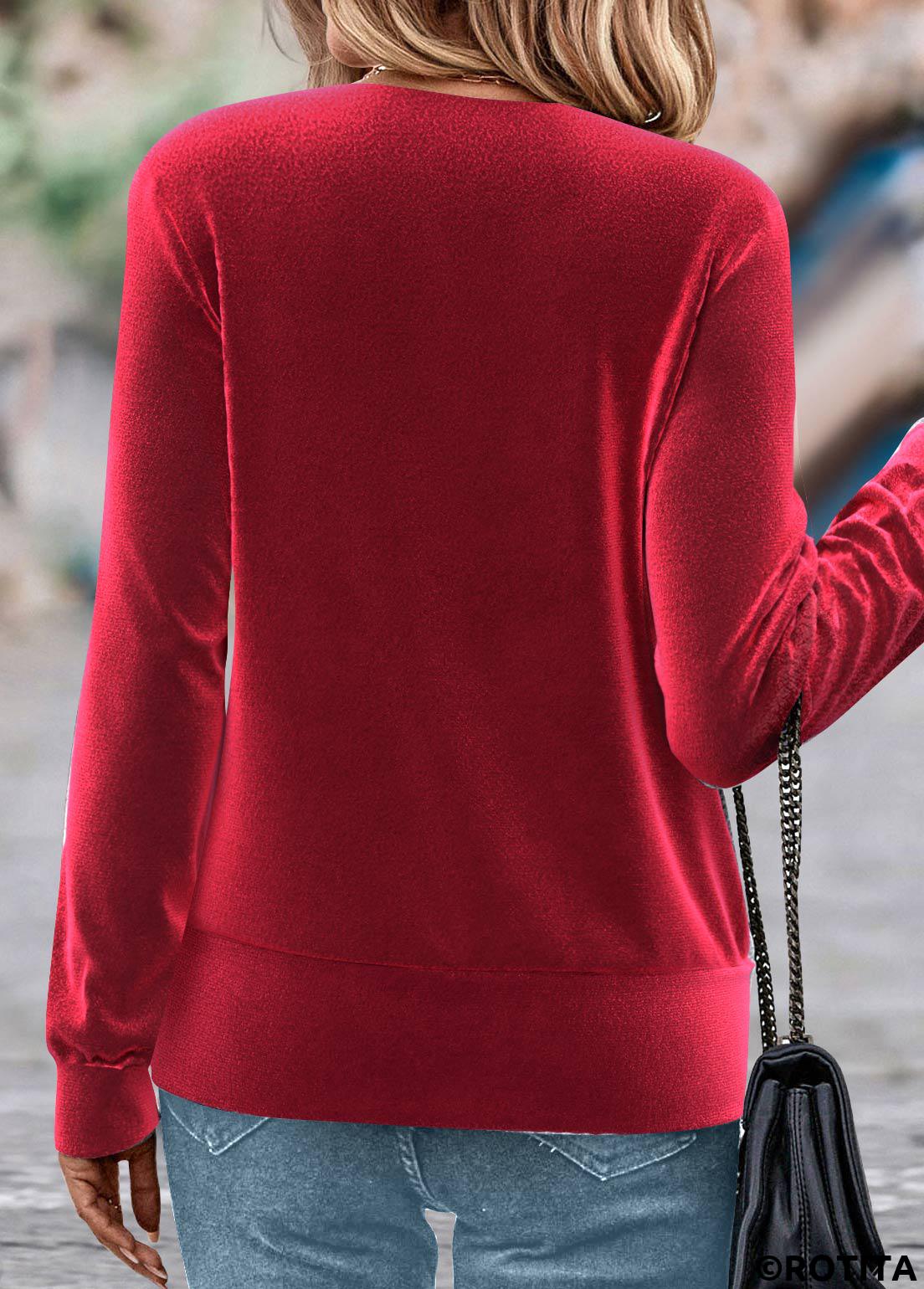 Red tops,Plaid tops,Striped tops,ROTITA Fake 2in1 Plaid Red Square Neck Long Sleeve Sweatshirt