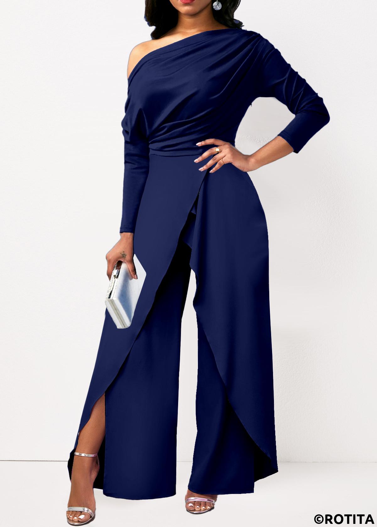 Navy jumpsuits&rompers,Plain Color jumpsuits&rompers,ROTITA Asymmetry Navy Long One Shoulder Jumpsuit