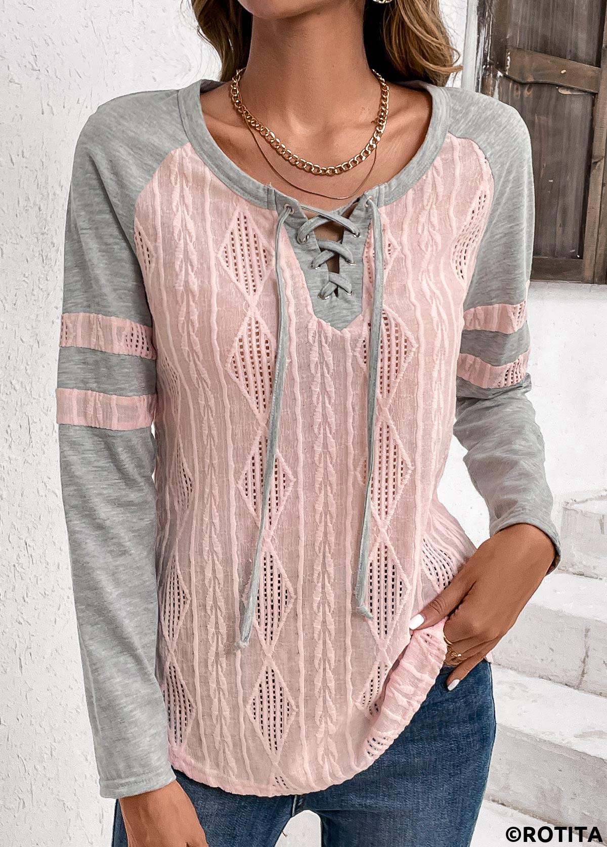 Light Pink plus size,Grey plus size,Contrast Color plus size,Striped plus size,ROTITA Plus Size Twisted Light Pink Long Sleeve T Shirt