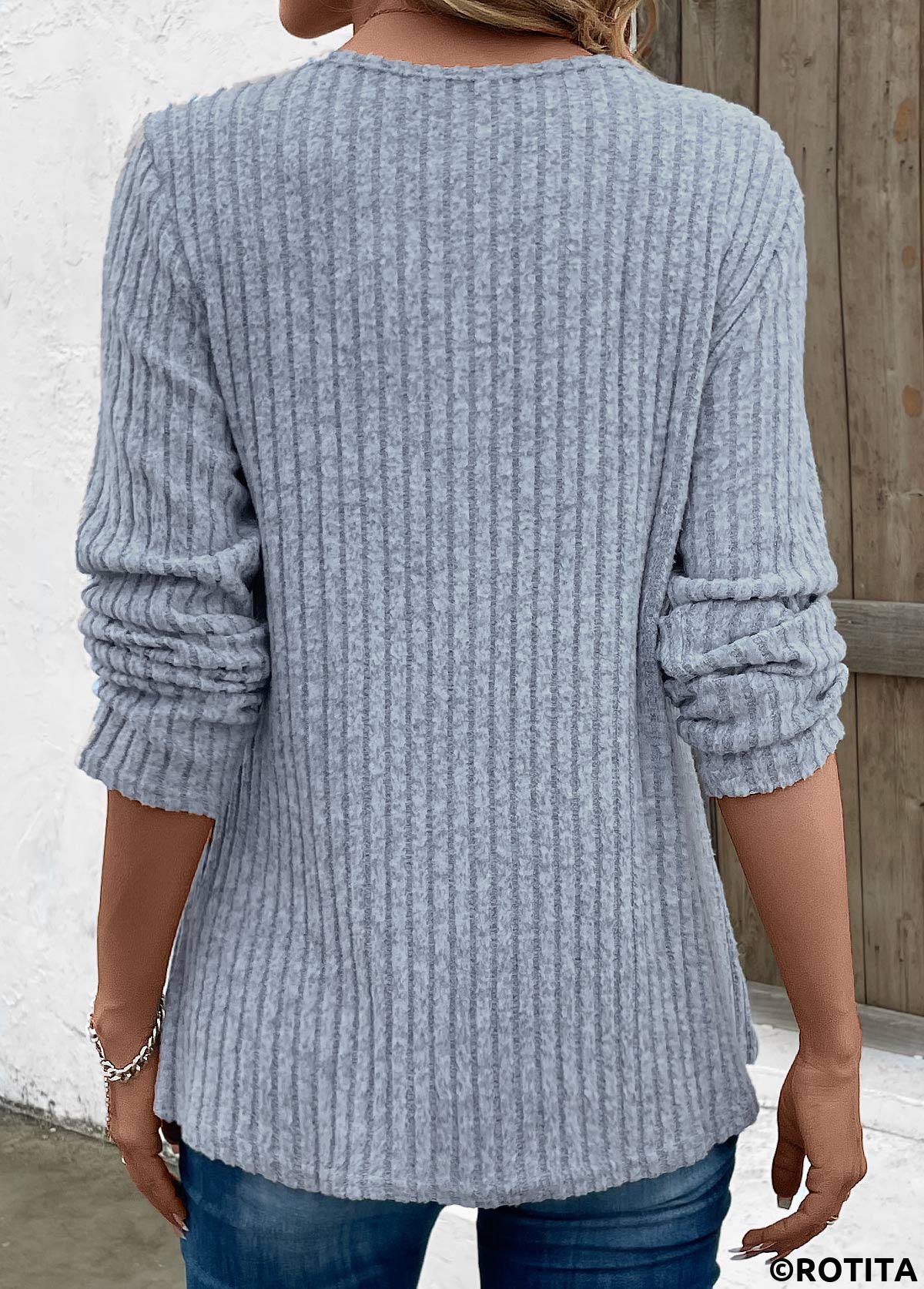 Dusty Blue tops,Plain Color tops,Split Dusty Blue Round Neck Long Sleeve T Shirt