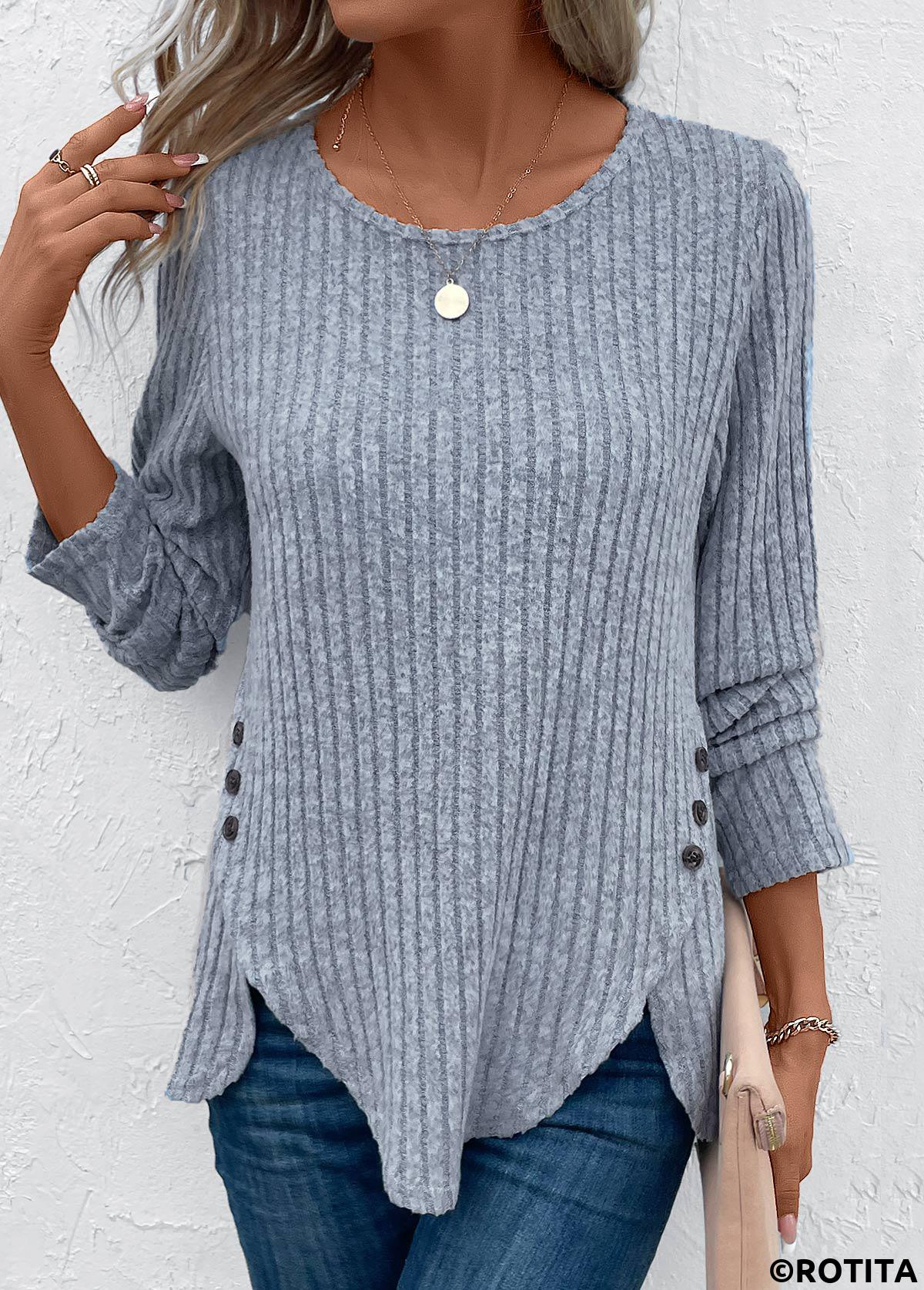 Dusty Blue tops,Plain Color tops,Split Dusty Blue Round Neck Long Sleeve T Shirt