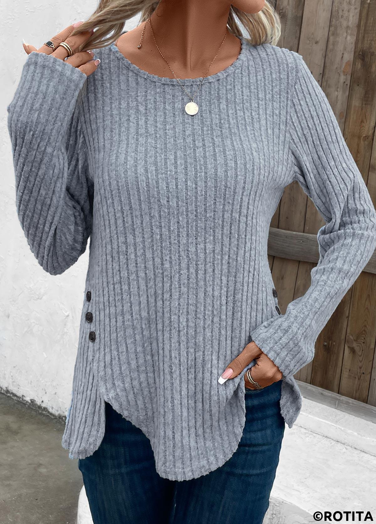 Dusty Blue tops,Plain Color tops,Split Dusty Blue Round Neck Long Sleeve T Shirt