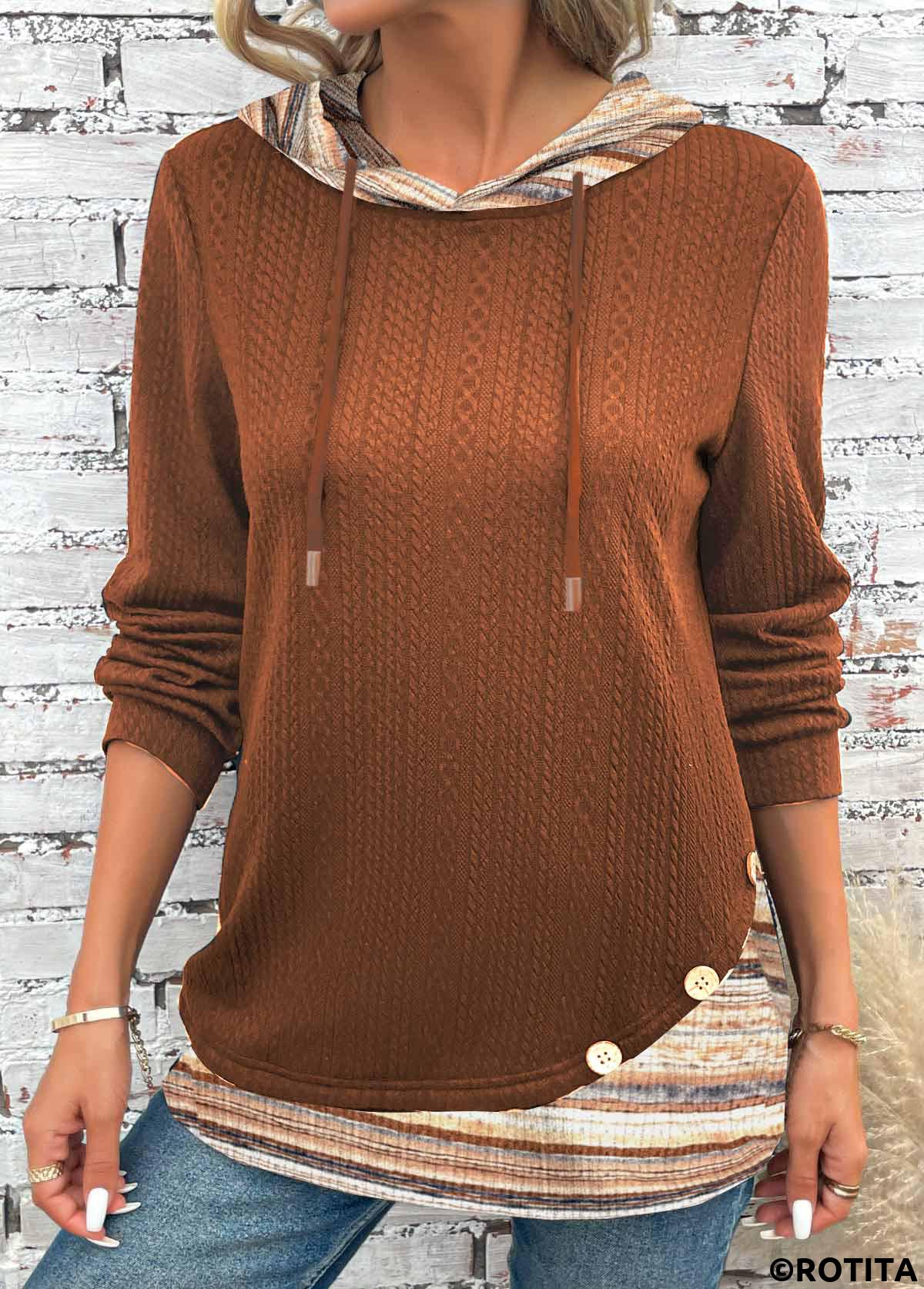 Rotita Patchwork-Kapuzenpullover mit mehreren Streifen und langen Ärmeln
