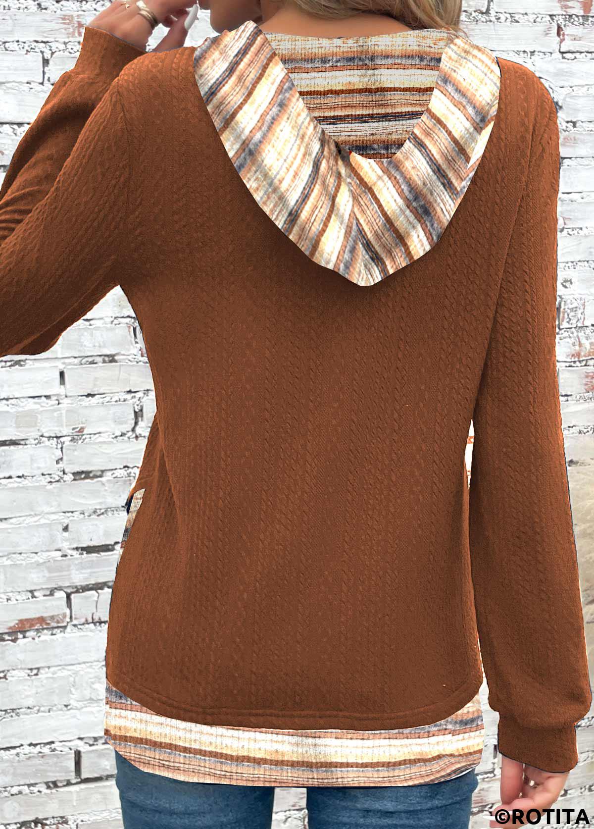 Rotita Patchwork-Kapuzenpullover mit mehreren Streifen und langen Ärmeln