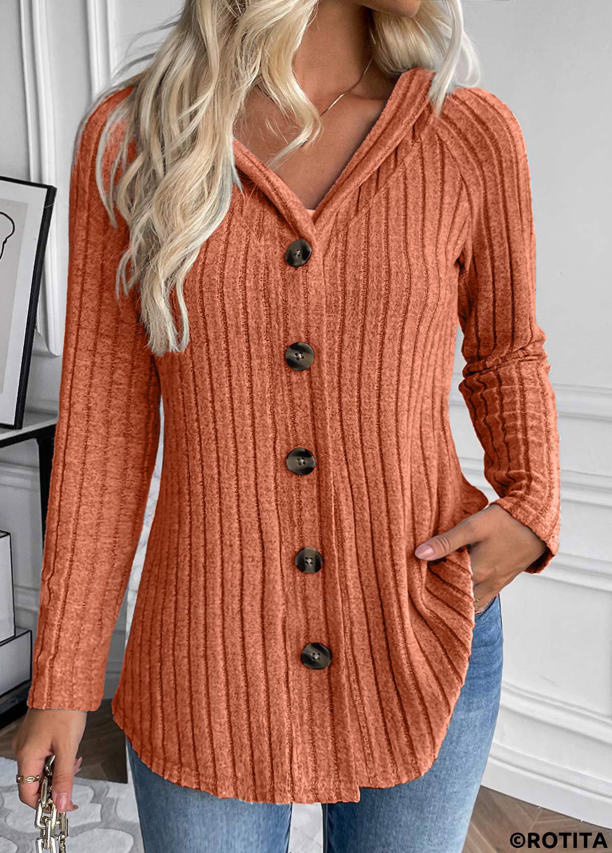 Orange tops,Plain Color tops,ROTITA Button Orange Hooded Long Sleeve Coat