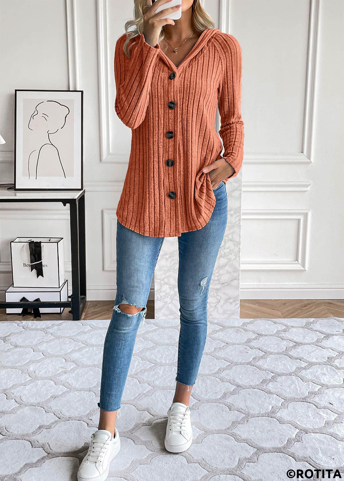 Orange tops,Plain Color tops,ROTITA Button Orange Hooded Long Sleeve Coat