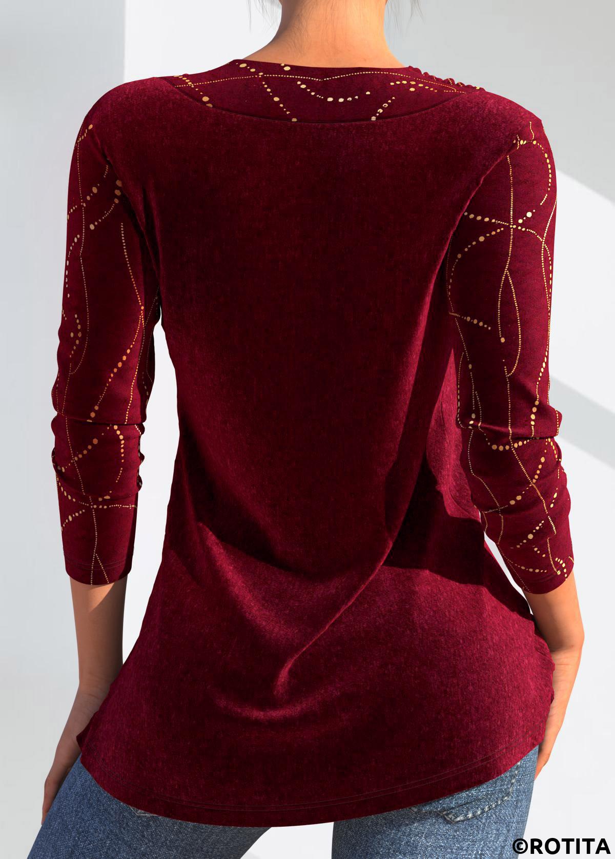 Wine Red tops,Plain Color tops,ROTITA Velvet Wine Red V Neck Long Sleeve T Shirt