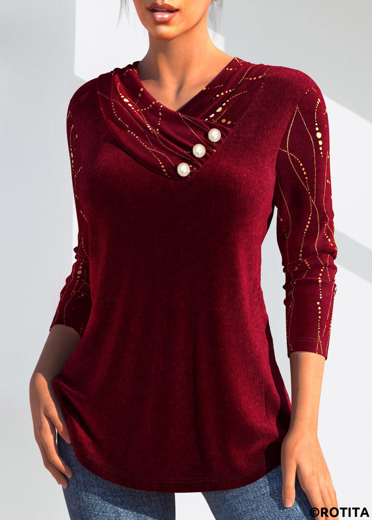 Wine Red tops,Plain Color tops,ROTITA Velvet Wine Red V Neck Long Sleeve T Shirt