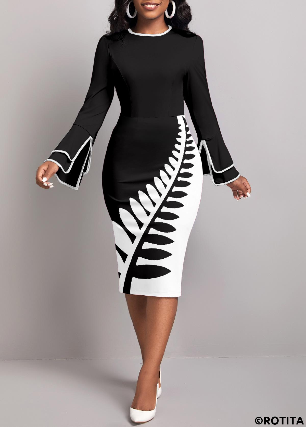 Black dresses,Plants dresses,Party dresses,Elegant dresses,ROTITA Split Leaf Print Black Round Neck Dress