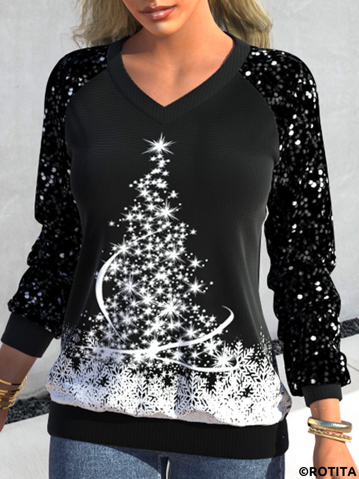 Black tops,Christmas tops,Plants tops,Dot tops,ROTITA Sequin Christmas Tree Print Black V Neck Sweatshirt
