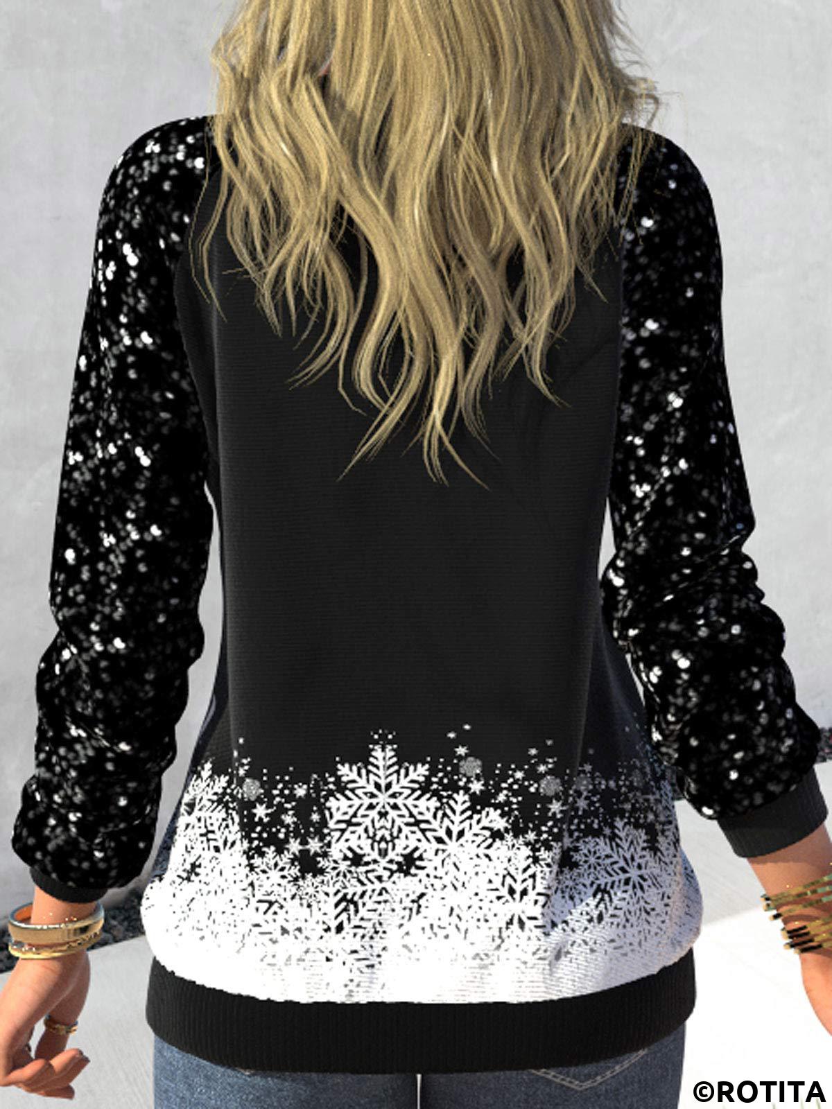 Black tops,Christmas tops,Plants tops,Dot tops,ROTITA Sequin Christmas Tree Print Black V Neck Sweatshirt