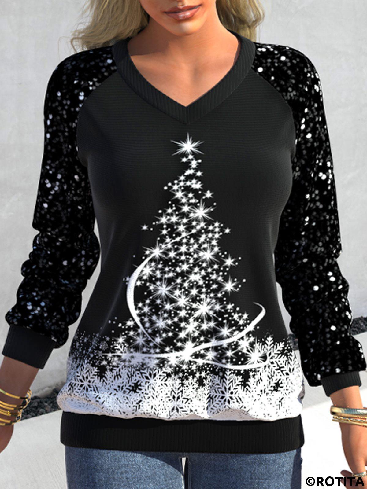 Black tops,Christmas tops,Plants tops,Dot tops,ROTITA Sequin Christmas Tree Print Black V Neck Sweatshirt