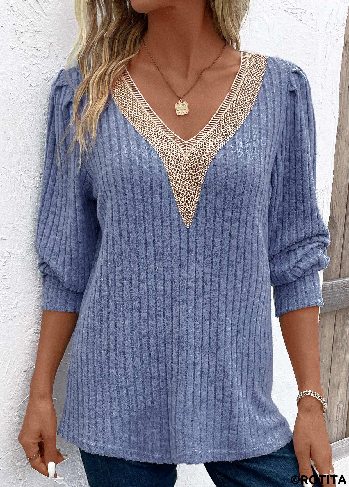 Dusty Blue tops,Contrast Color tops,Patchwork Sky Blue V Neck Long Sleeve T Shirt