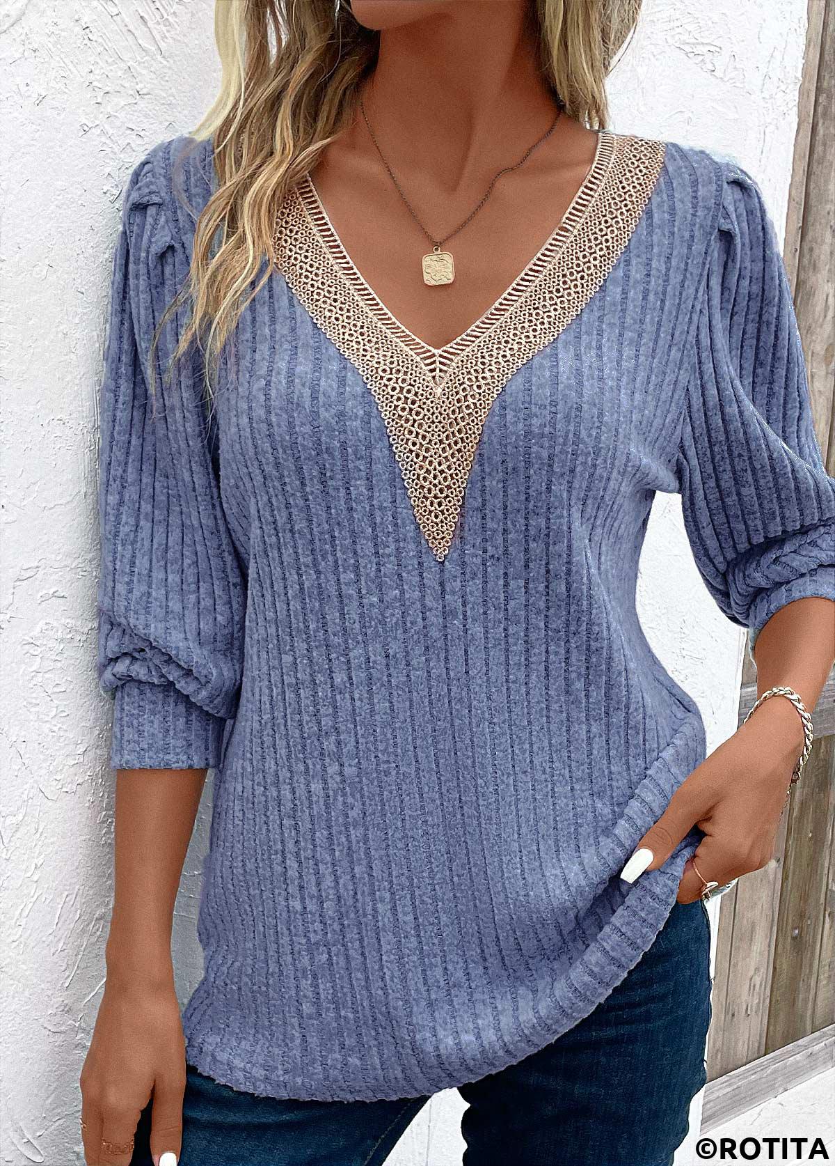 Dusty Blue tops,Contrast Color tops,Patchwork Sky Blue V Neck Long Sleeve T Shirt