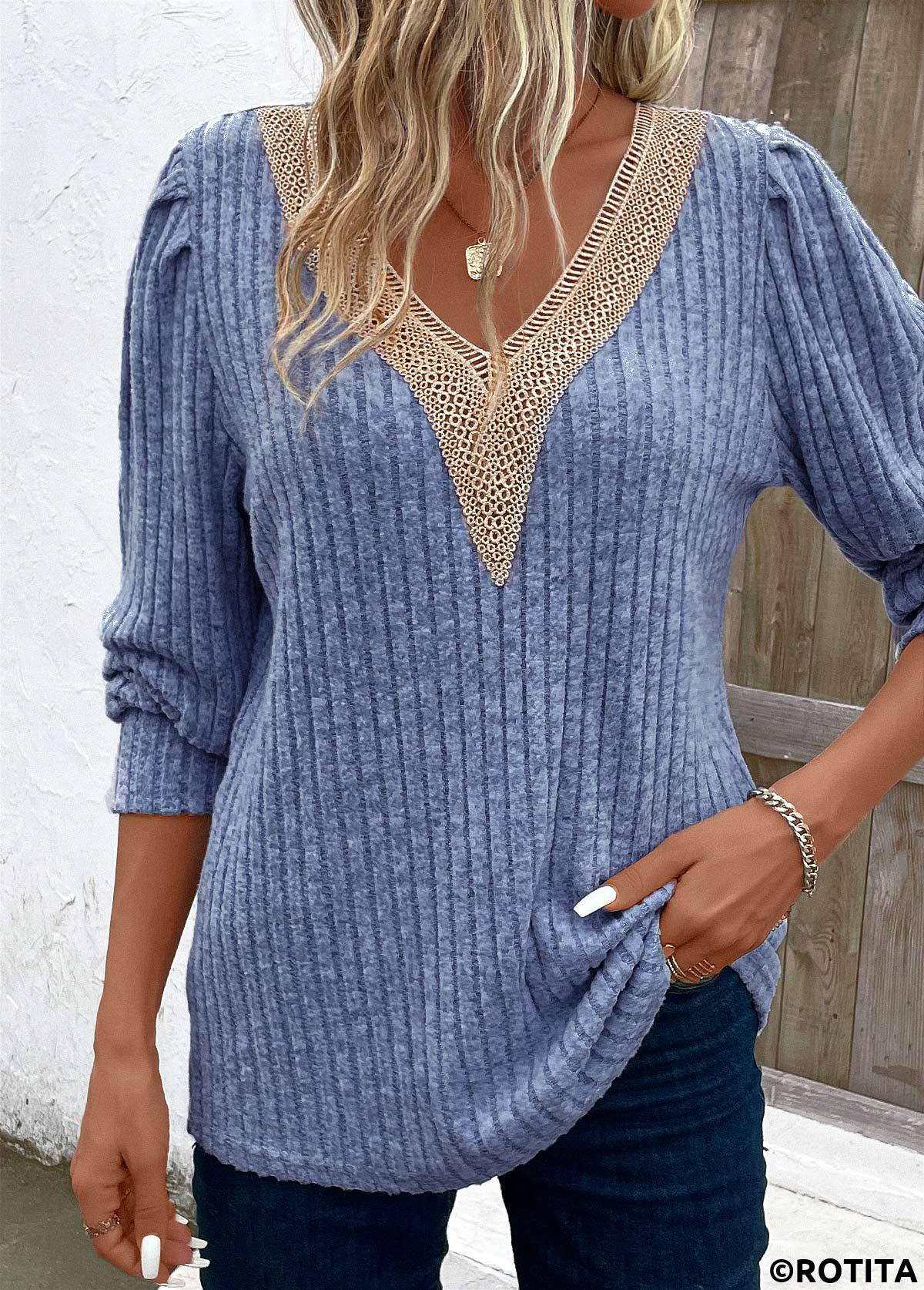 Dusty Blue tops,Contrast Color tops,Patchwork Sky Blue V Neck Long Sleeve T Shirt