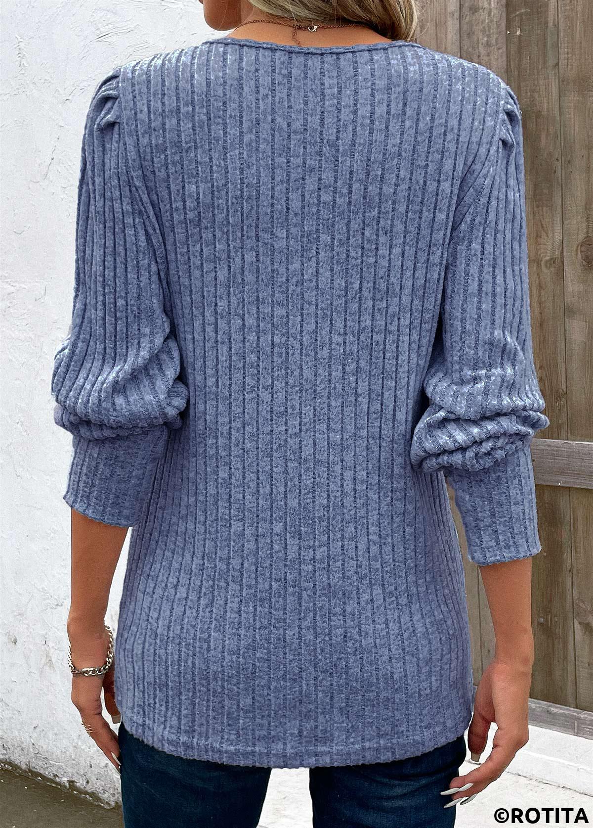 Dusty Blue tops,Contrast Color tops,Patchwork Sky Blue V Neck Long Sleeve T Shirt