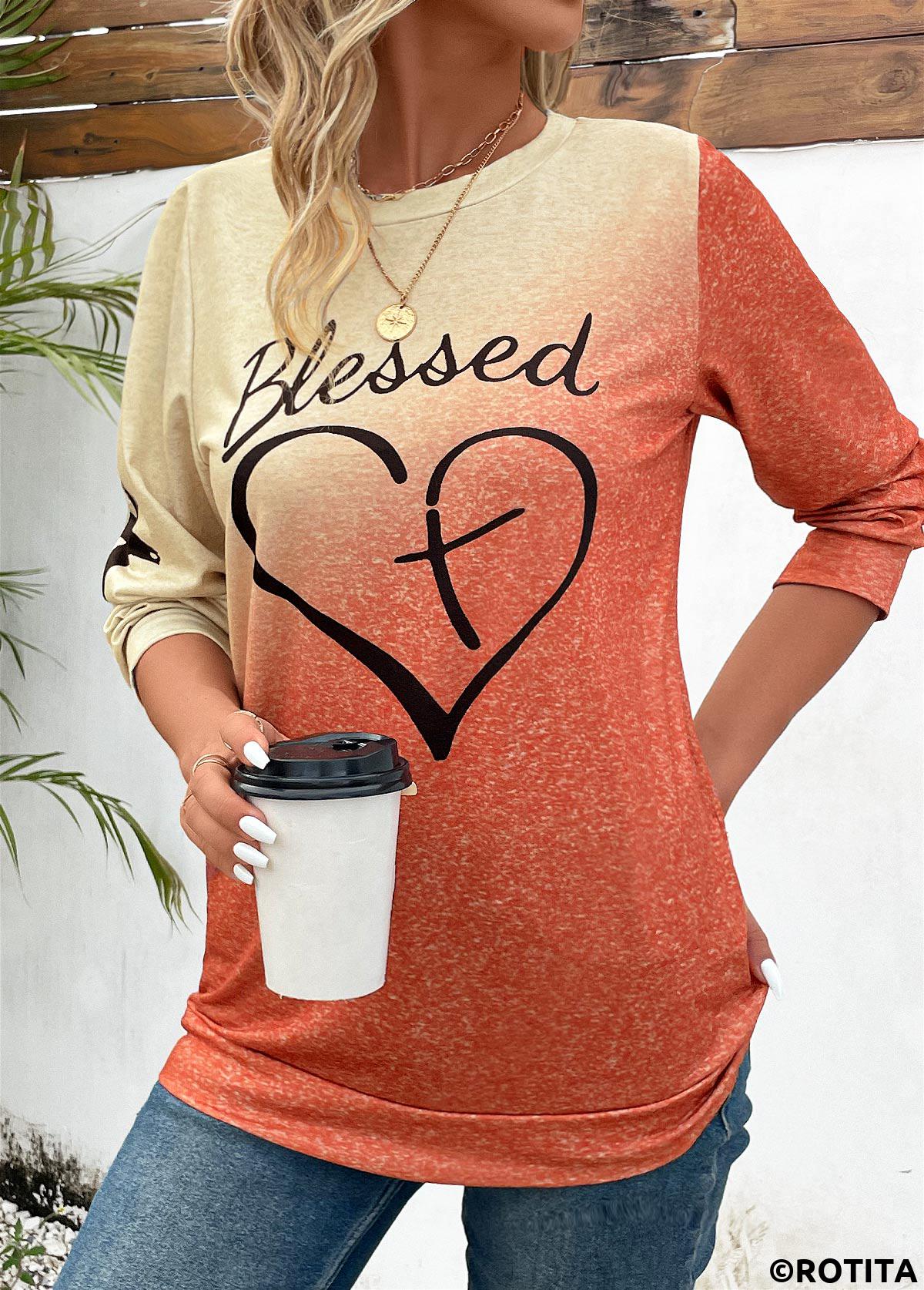 Langärmliges T-Shirt mit Rundhalsausschnitt in Ombre-Orange