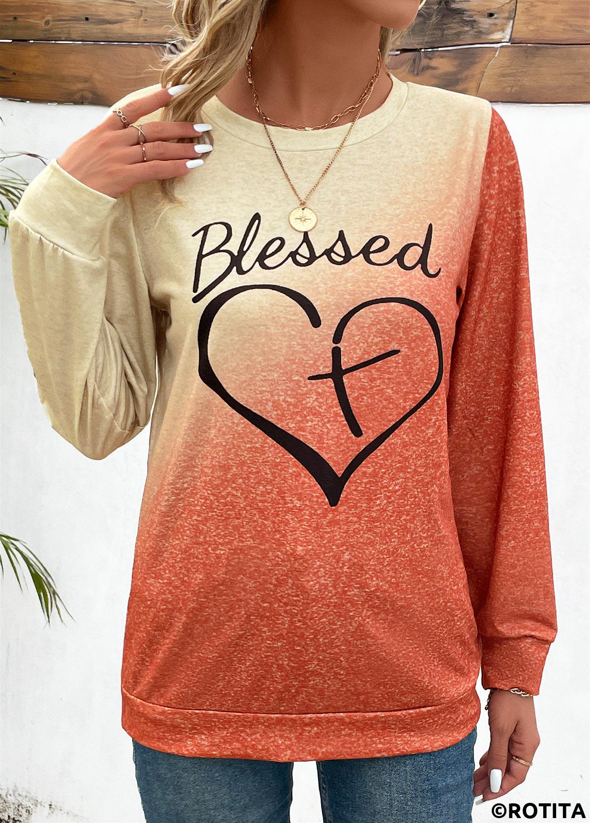 Orange tops,Ombre tops,Letter tops,Heart tops,Ombre Orange Round Neck Long Sleeve T Shirt