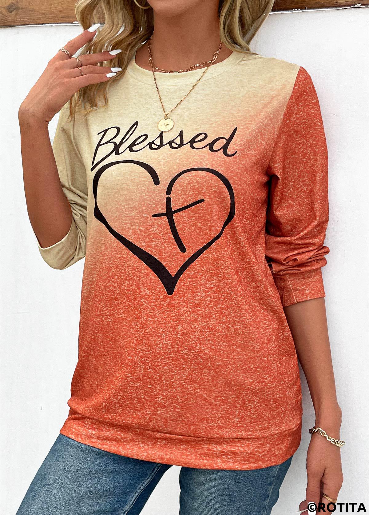 Orange tops,Ombre tops,Letter tops,Heart tops,Ombre Orange Round Neck Long Sleeve T Shirt