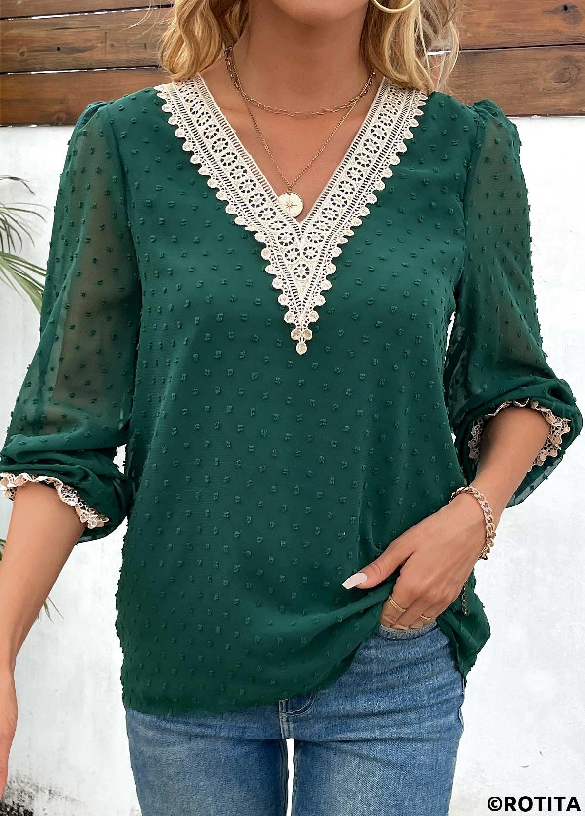Patchwork Green V Neck Long Sleeve Blouse