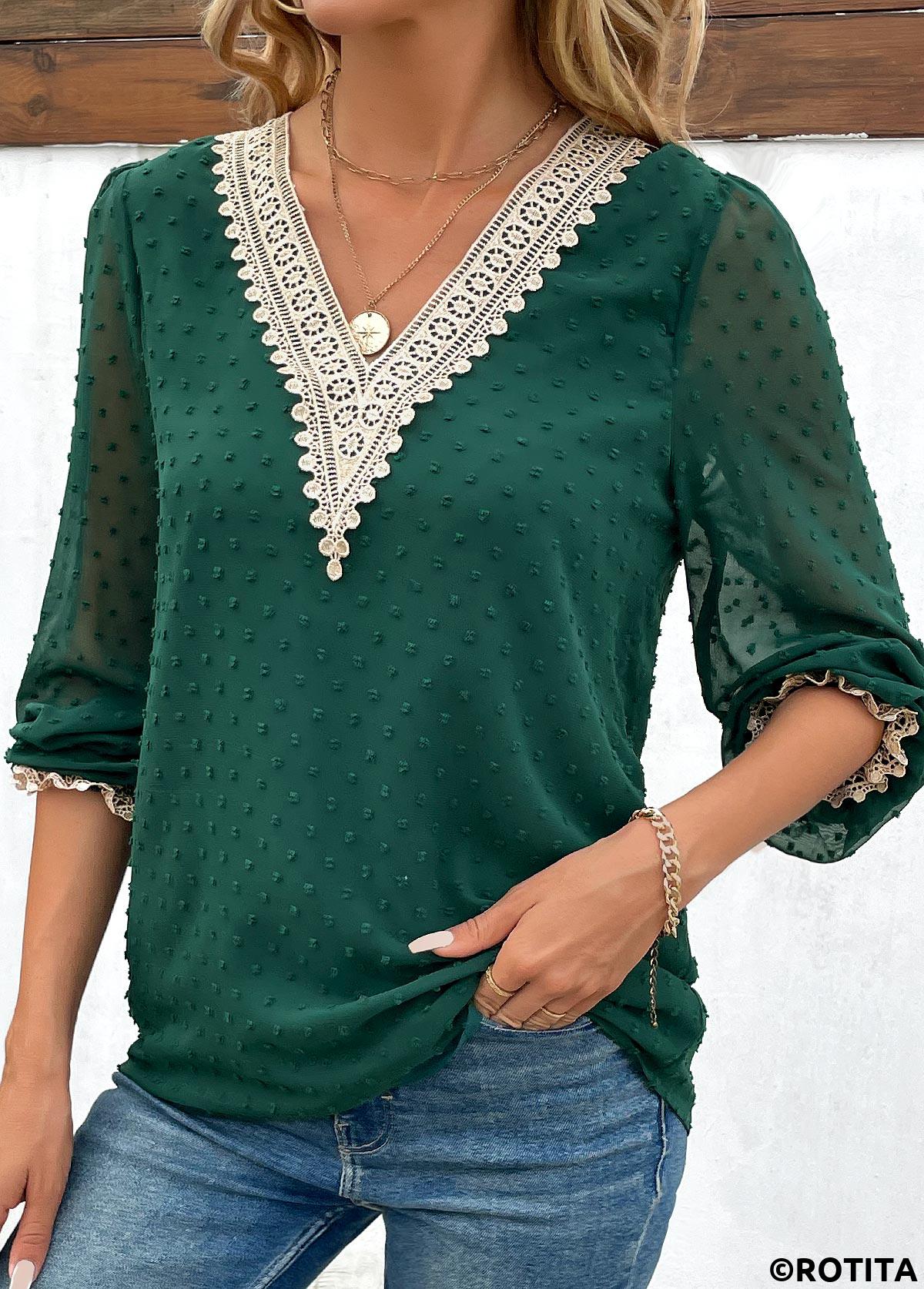 Patchwork Green V Neck Long Sleeve Blouse