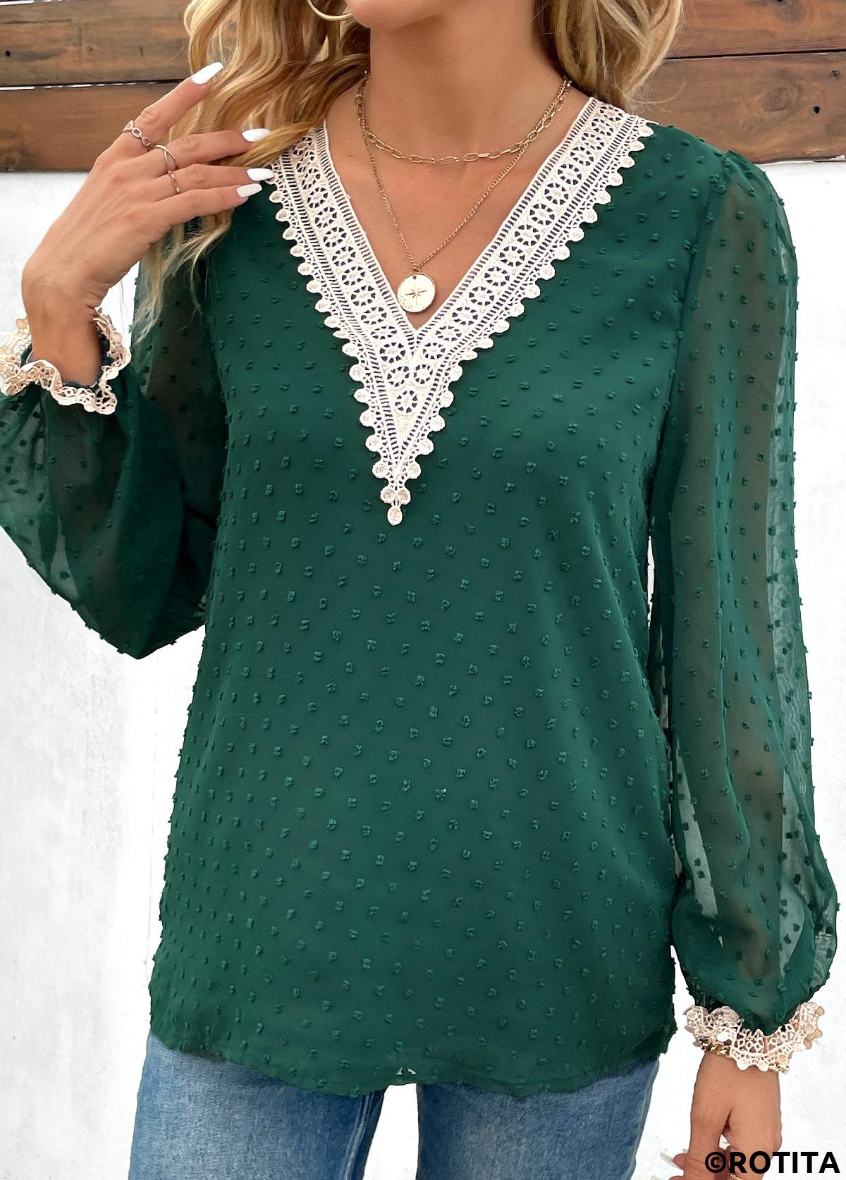 Patchwork Green V Neck Long Sleeve Blouse