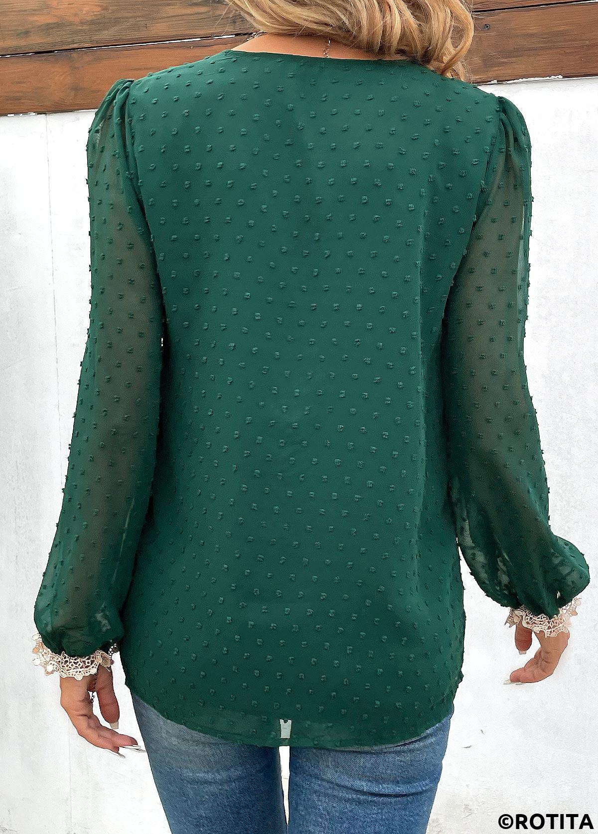 Patchwork Green V Neck Long Sleeve Blouse