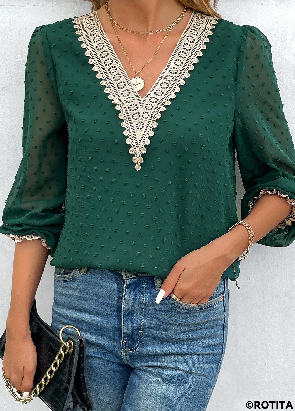 Patchwork Green V Neck Long Sleeve Blouse