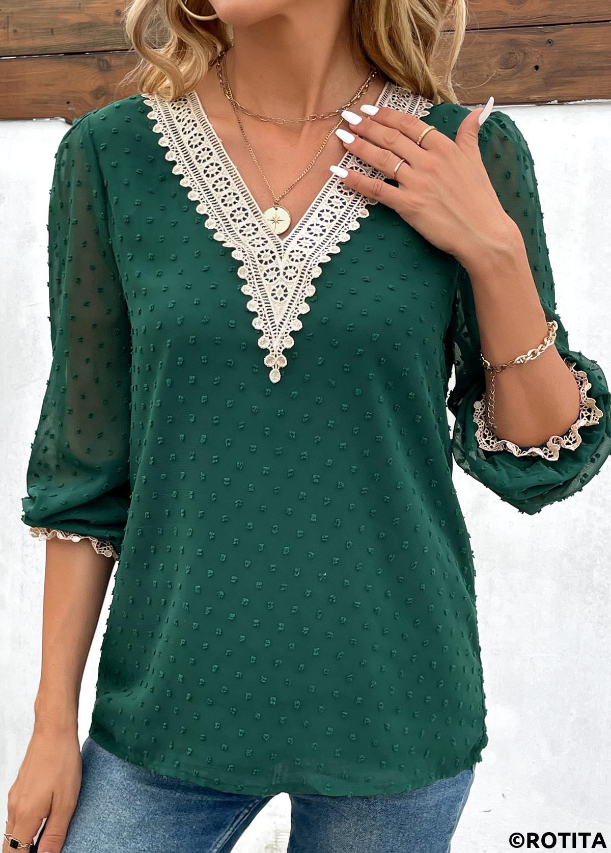 Patchwork Green V Neck Long Sleeve Blouse