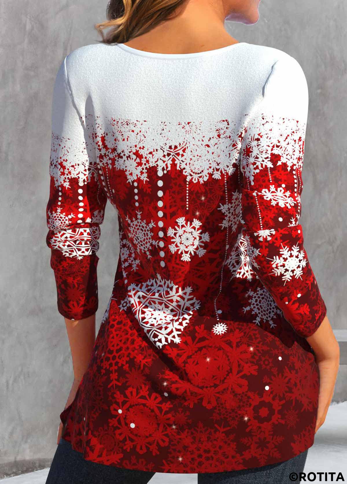 Wine Red tops,White tops,Christmas tops,Dot tops,ROTITA Button Snowflake Print Wine Red Heart Collar T Shirt