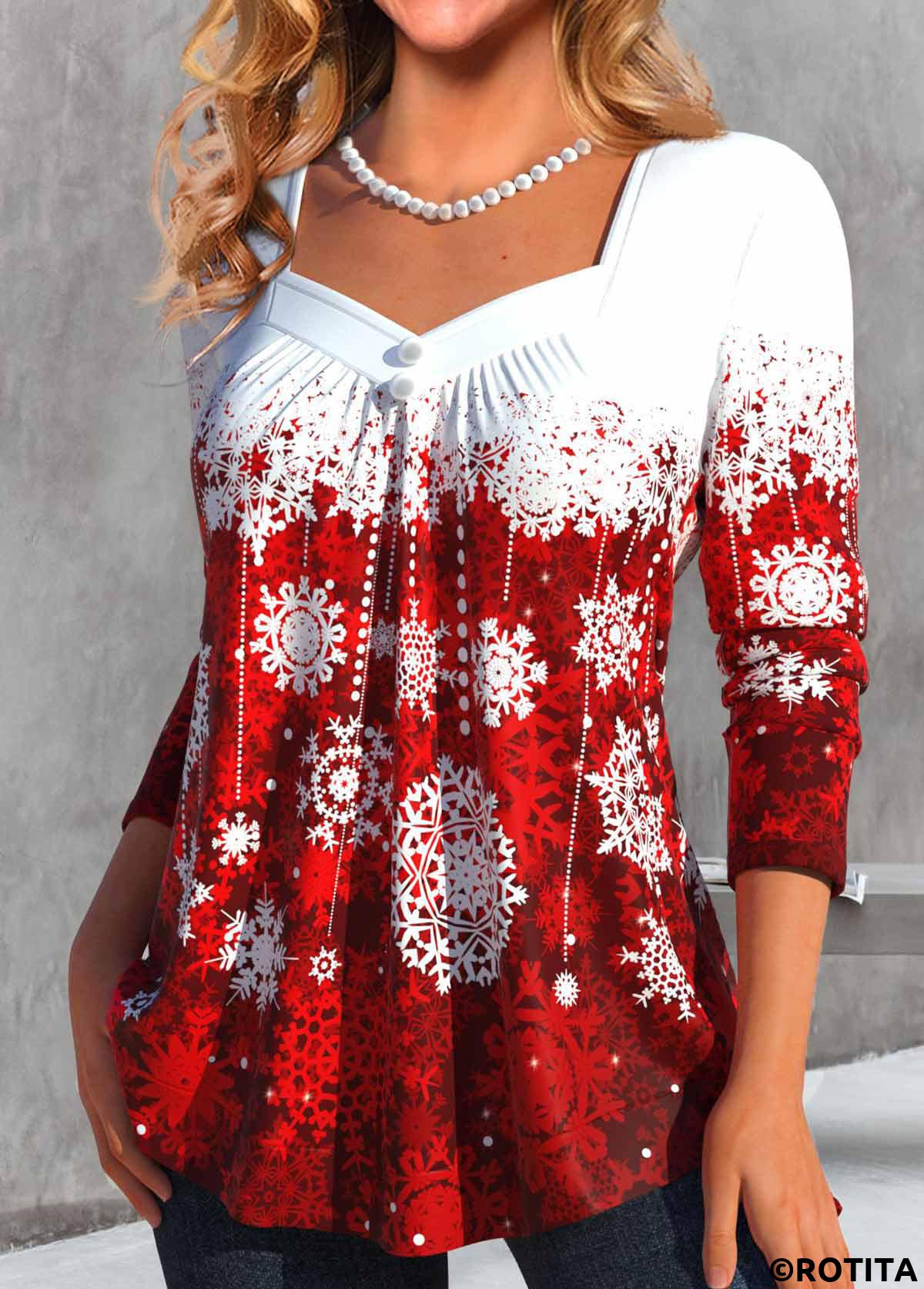 Wine Red tops,White tops,Christmas tops,Dot tops,ROTITA Button Snowflake Print Wine Red Heart Collar T Shirt