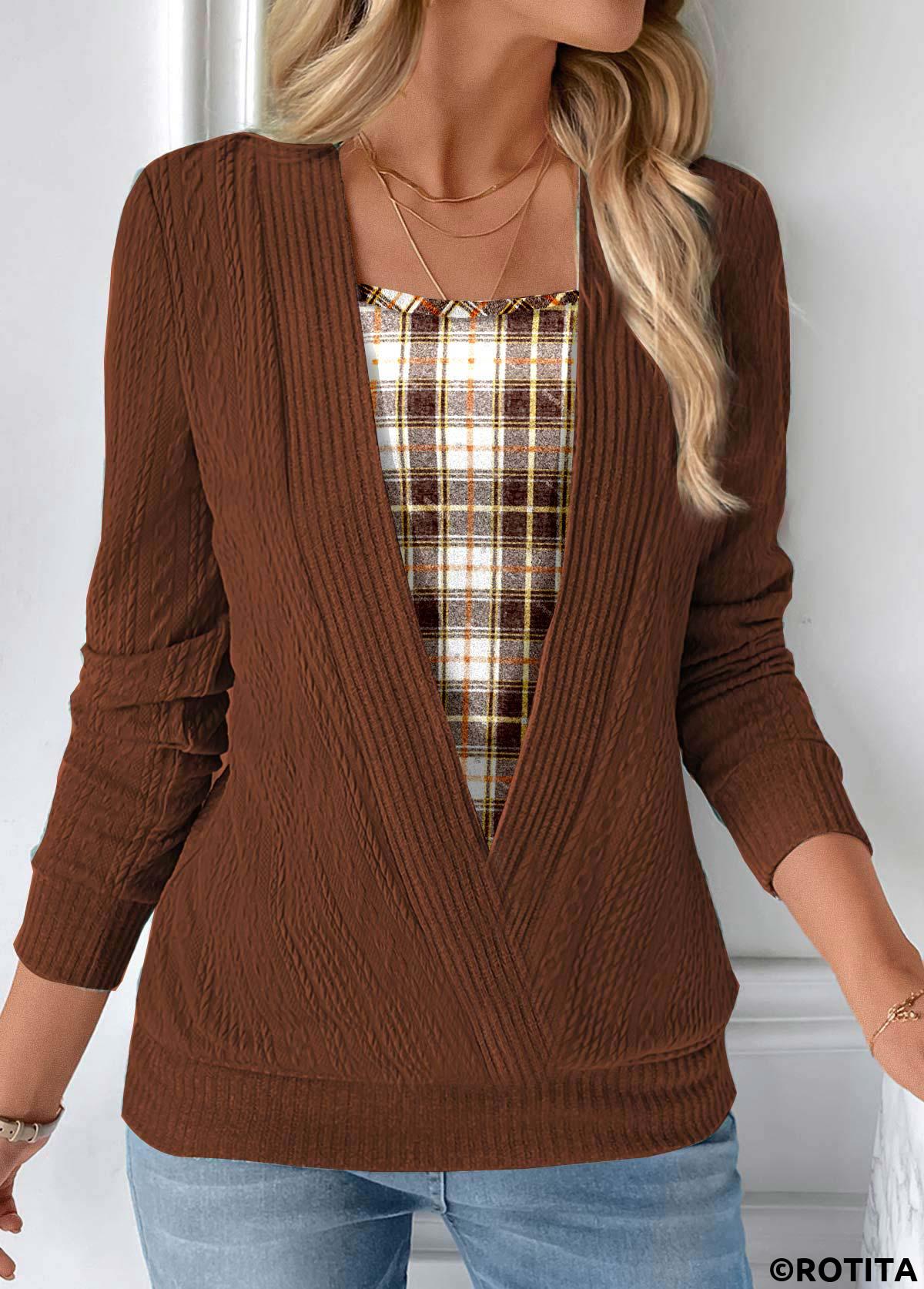 Dark Camel tops,Plaid tops,Geometric tops,Striped tops,ROTITA Plaid Dark Camel Sweatshirt