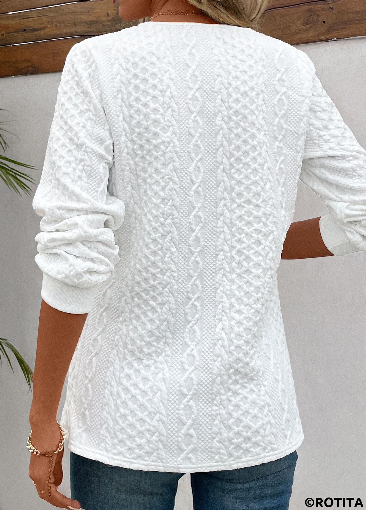 Button White V Neck Long Sleeve Sweatshirt