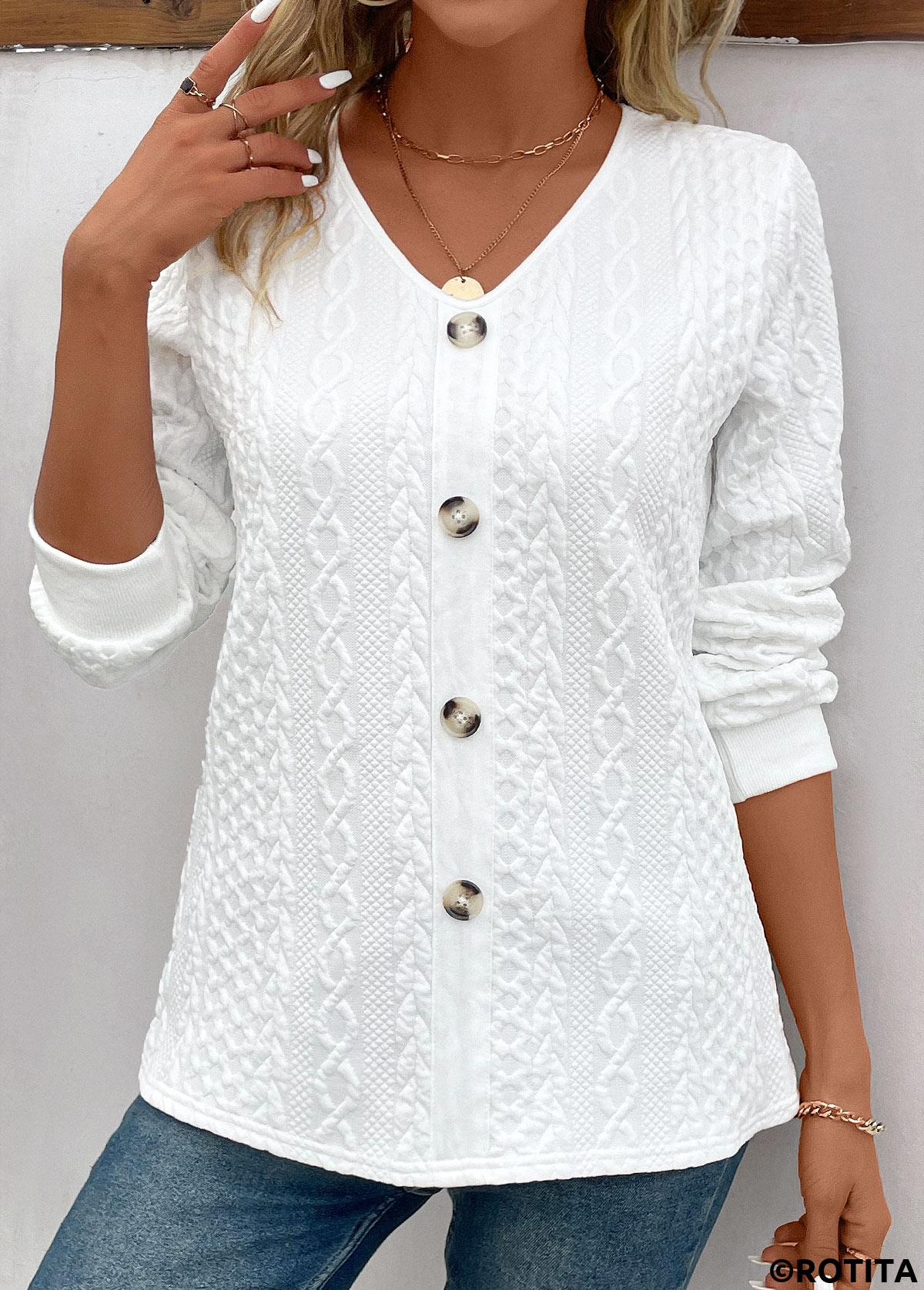 Button White V Neck Long Sleeve Sweatshirt