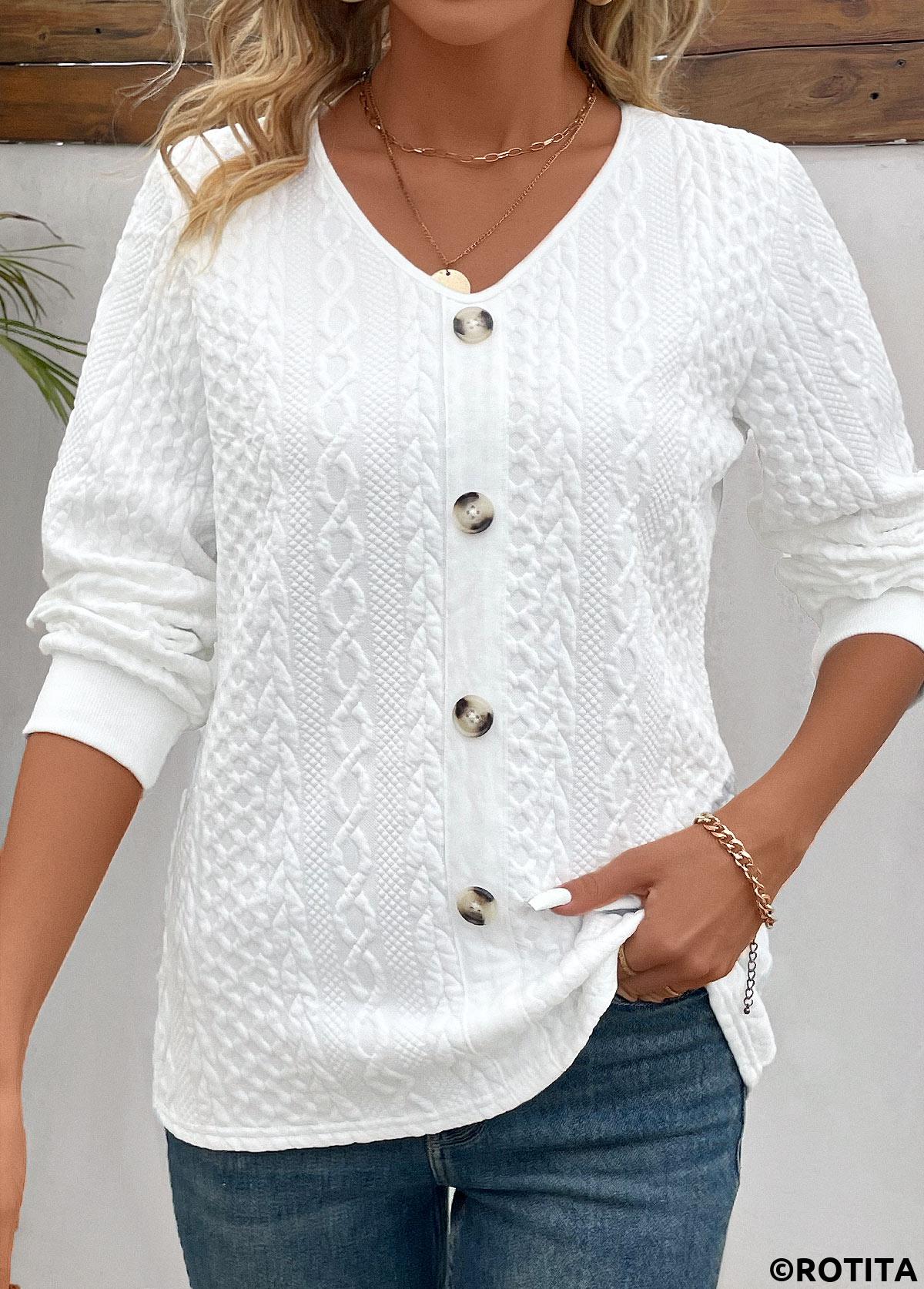 Button White V Neck Long Sleeve Sweatshirt