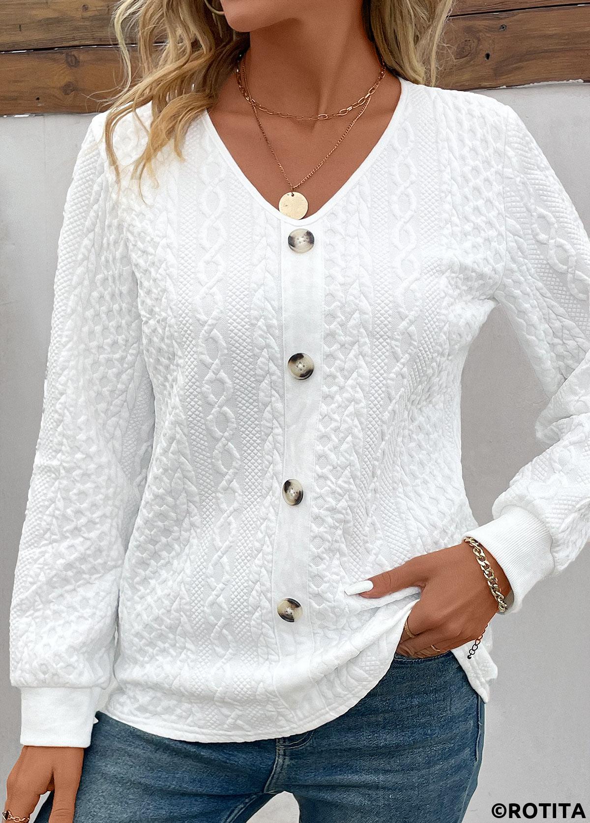 Button White V Neck Long Sleeve Sweatshirt