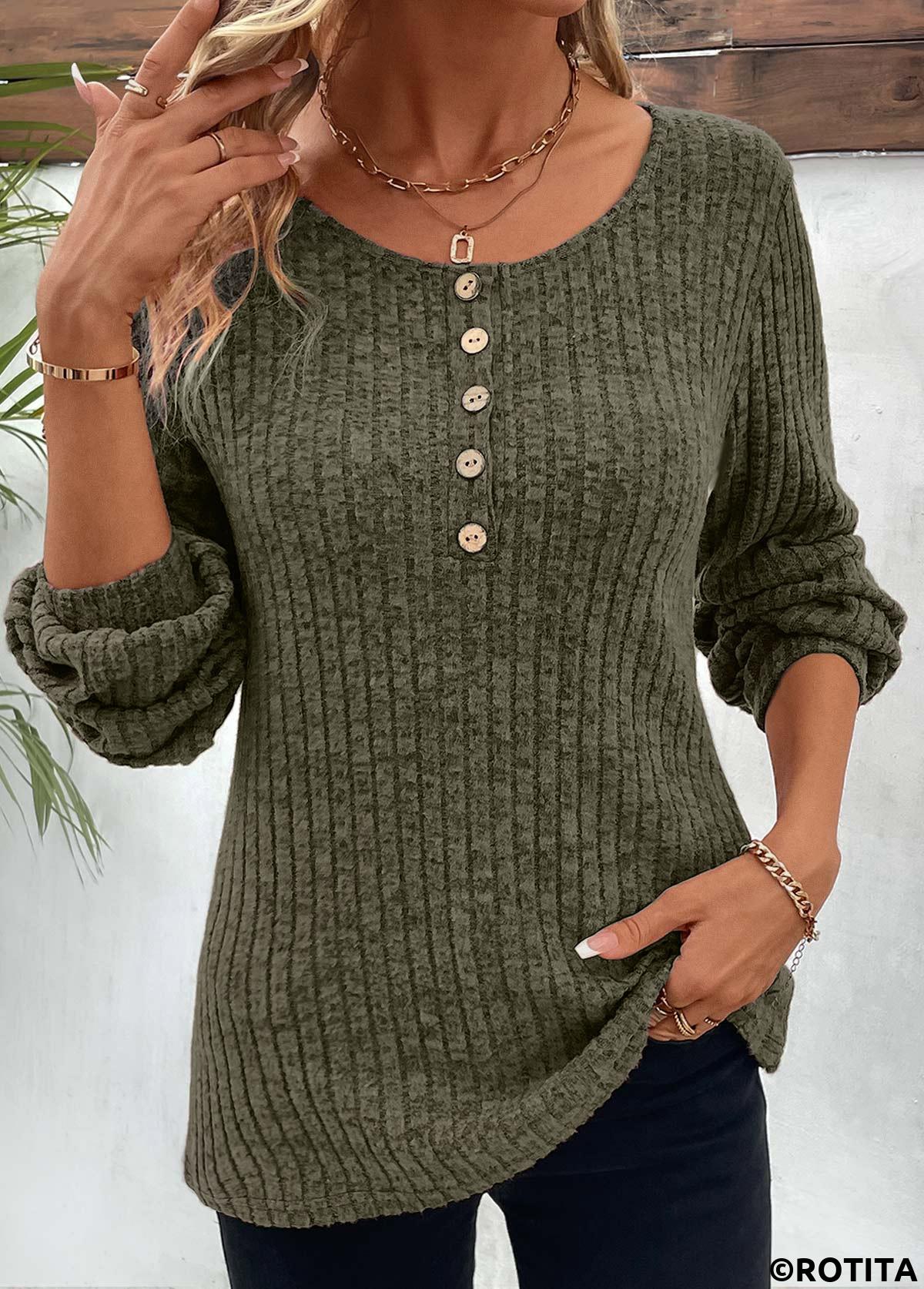 Olive Green tops,Plain Color tops,ROTITA Button Olive Green Round Neck Long Sleeve T Shirt
