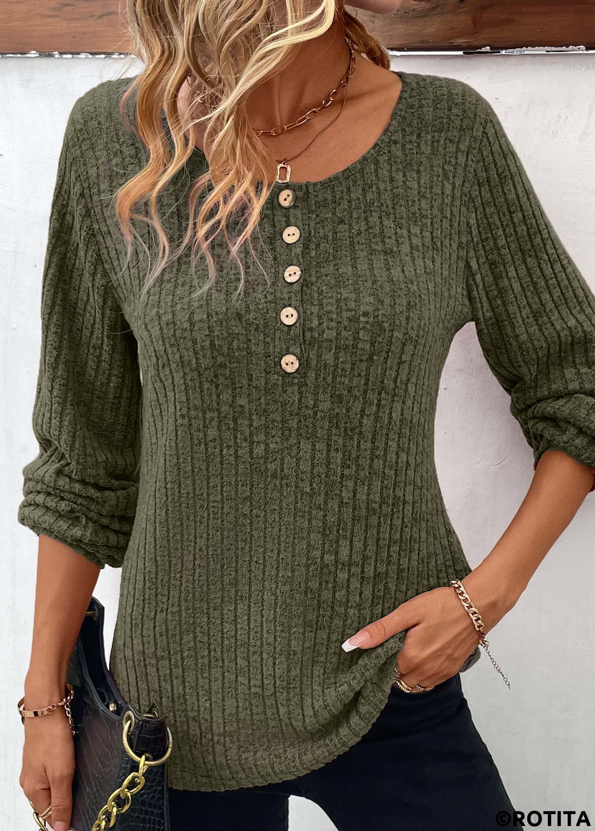 Olive Green tops,Plain Color tops,ROTITA Button Olive Green Round Neck Long Sleeve T Shirt