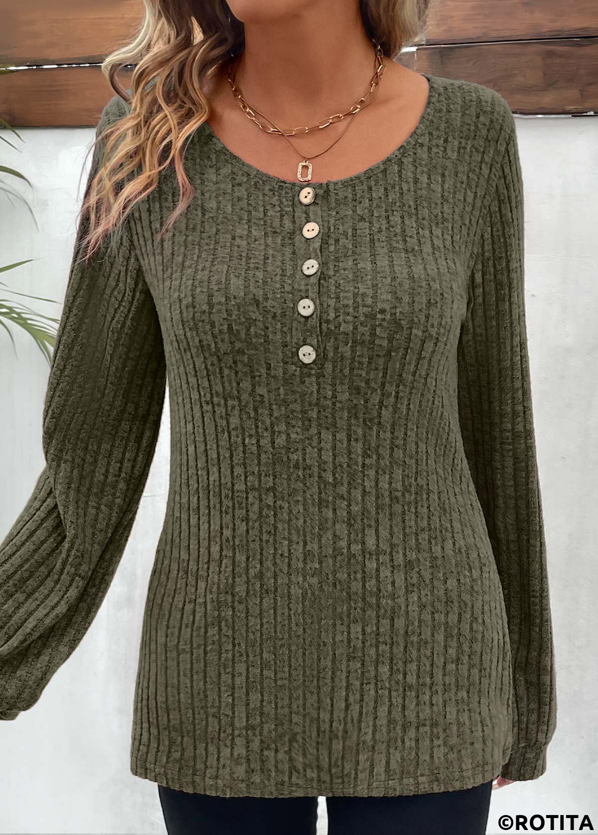 Olive Green tops,Plain Color tops,ROTITA Button Olive Green Round Neck Long Sleeve T Shirt