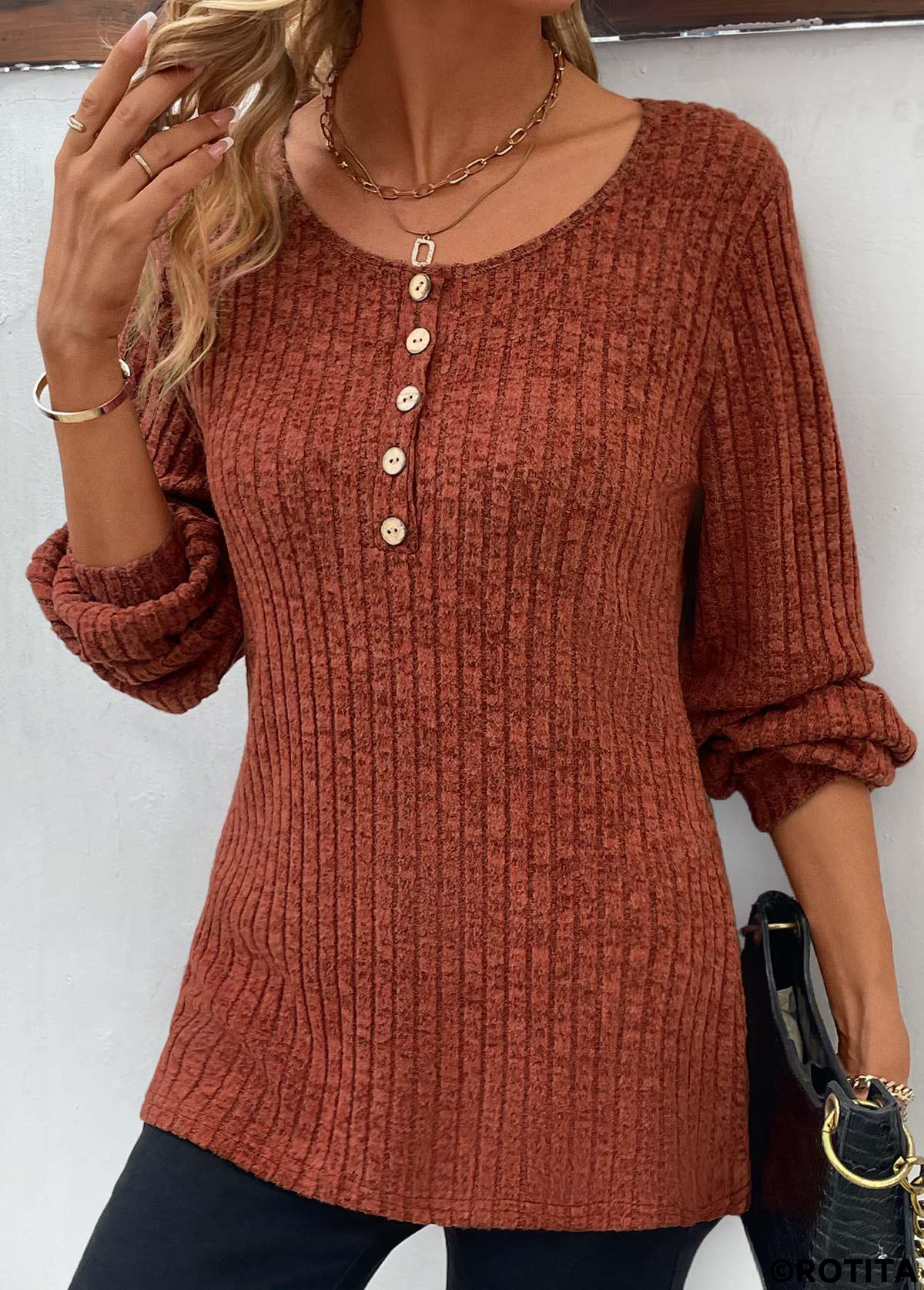Brick Red tops,Plain Color tops,Button Brick Red Round Neck Long Sleeve T Shirt