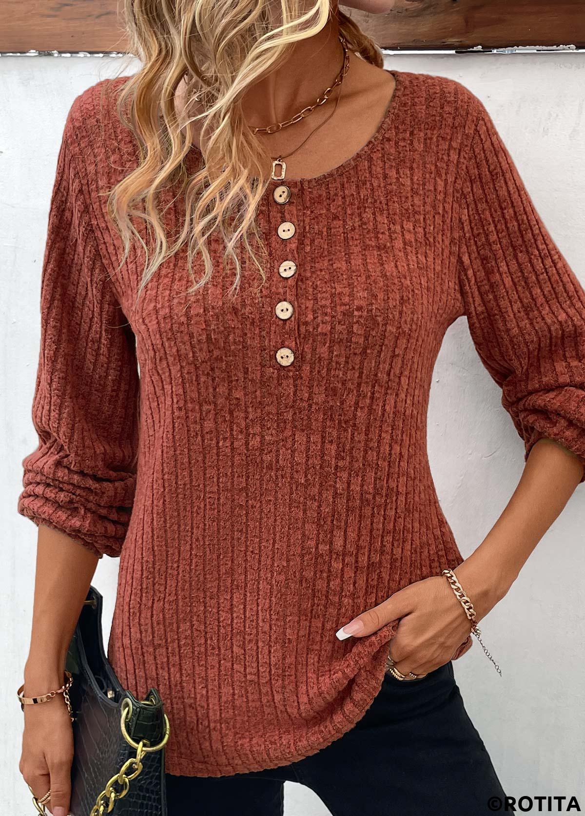Brick Red tops,Plain Color tops,Button Brick Red Round Neck Long Sleeve T Shirt
