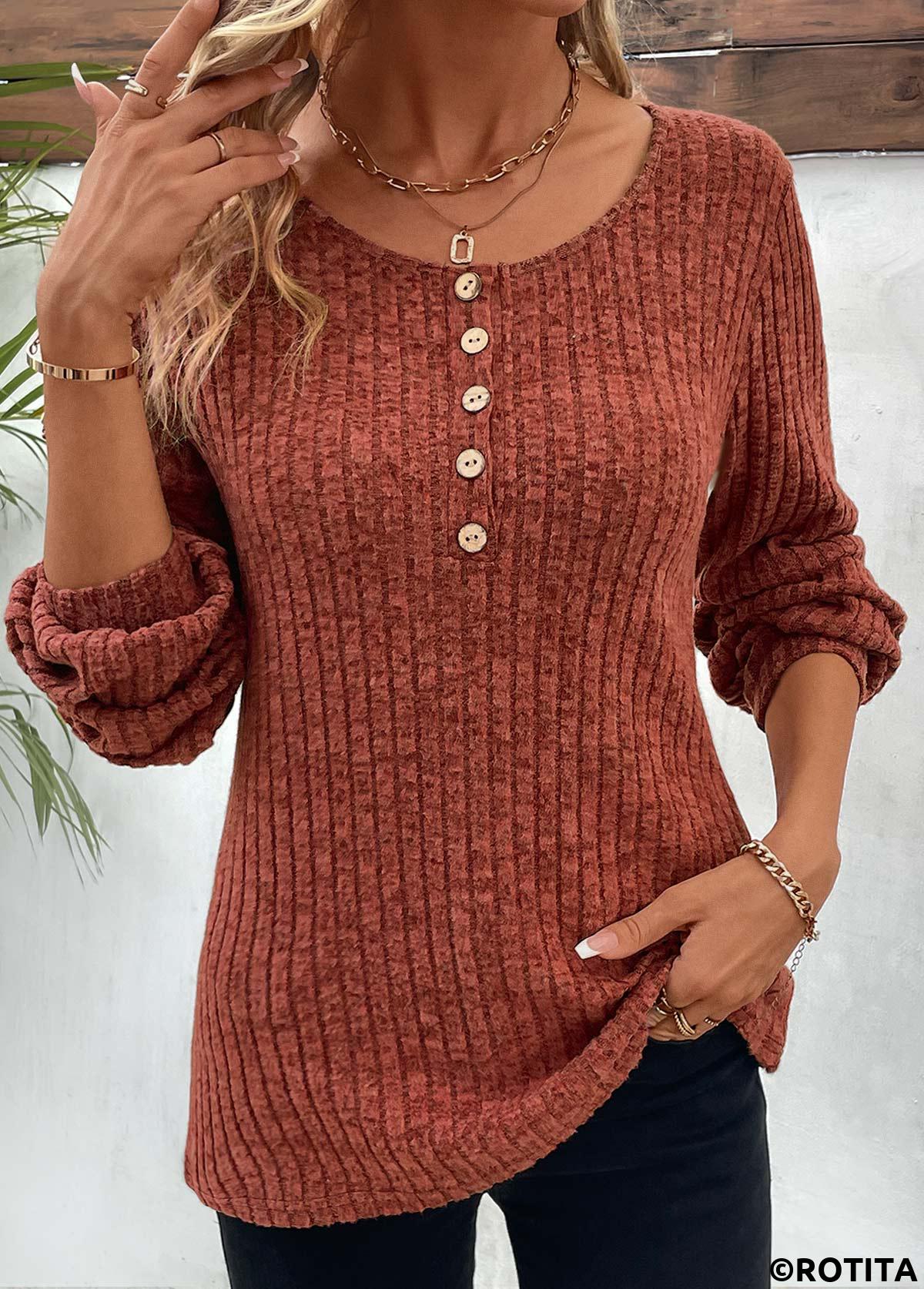 Brick Red tops,Plain Color tops,Button Brick Red Round Neck Long Sleeve T Shirt