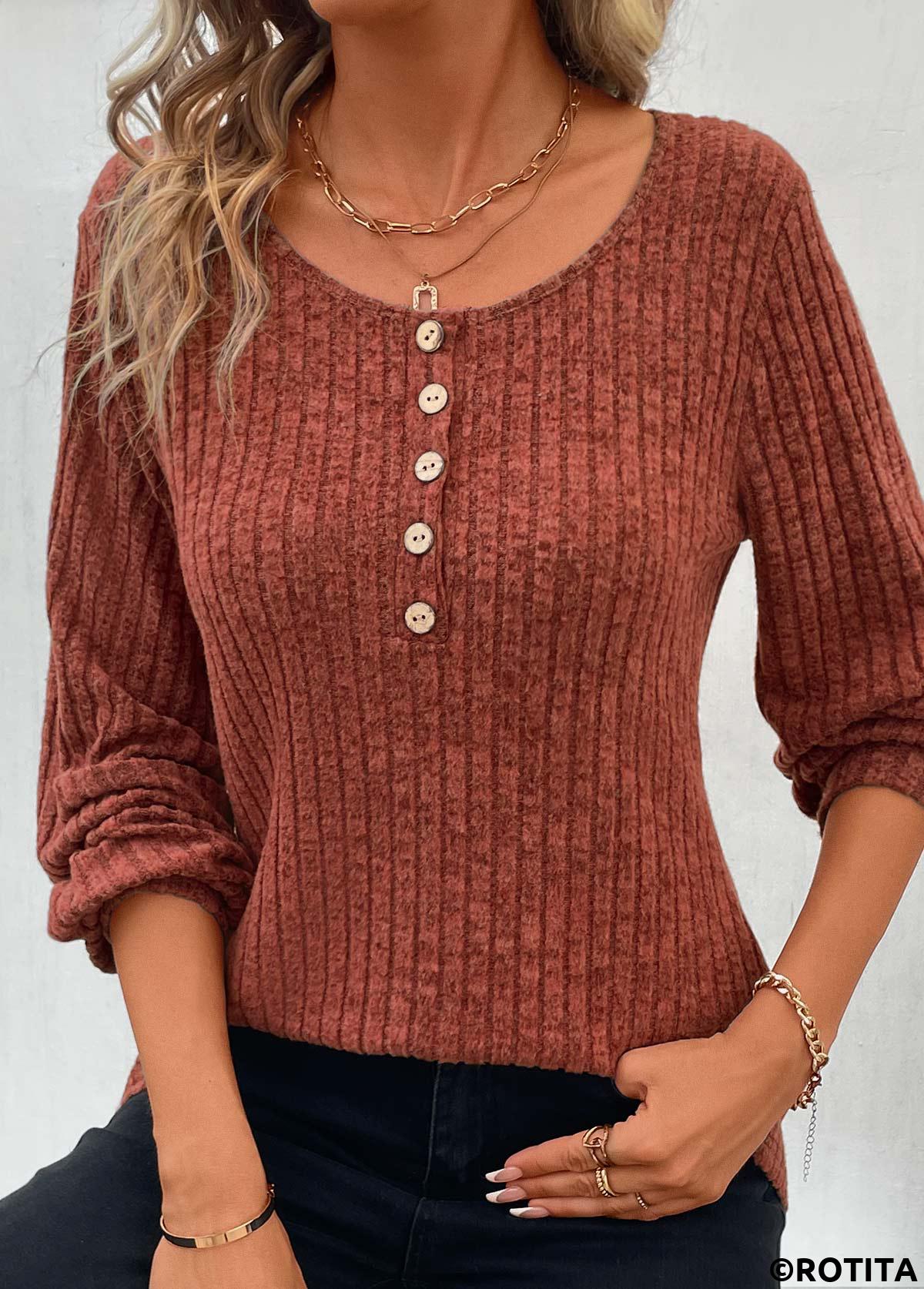 Brick Red tops,Plain Color tops,Button Brick Red Round Neck Long Sleeve T Shirt