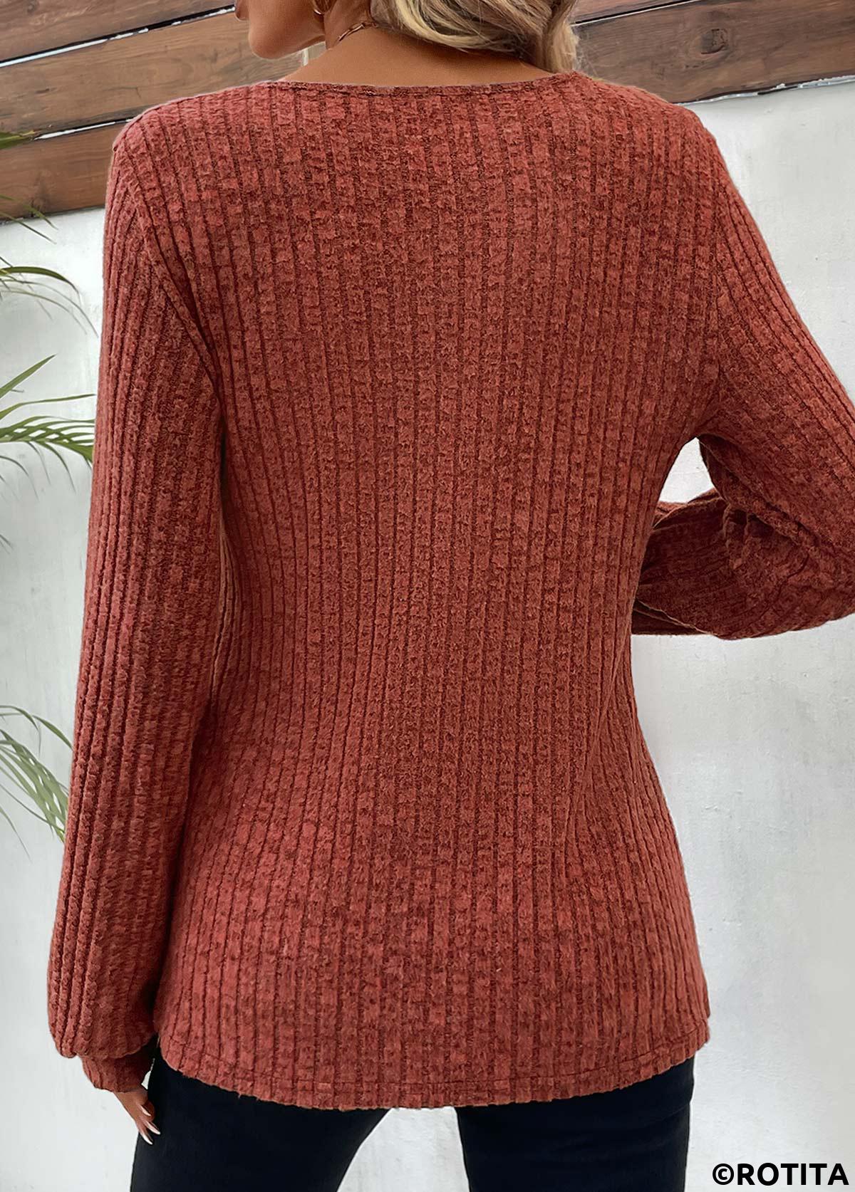 Brick Red tops,Plain Color tops,Button Brick Red Round Neck Long Sleeve T Shirt