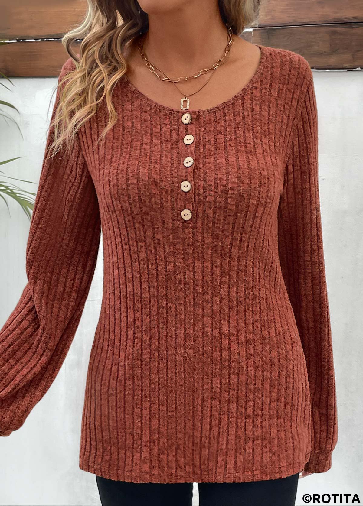 Brick Red tops,Plain Color tops,Button Brick Red Round Neck Long Sleeve T Shirt