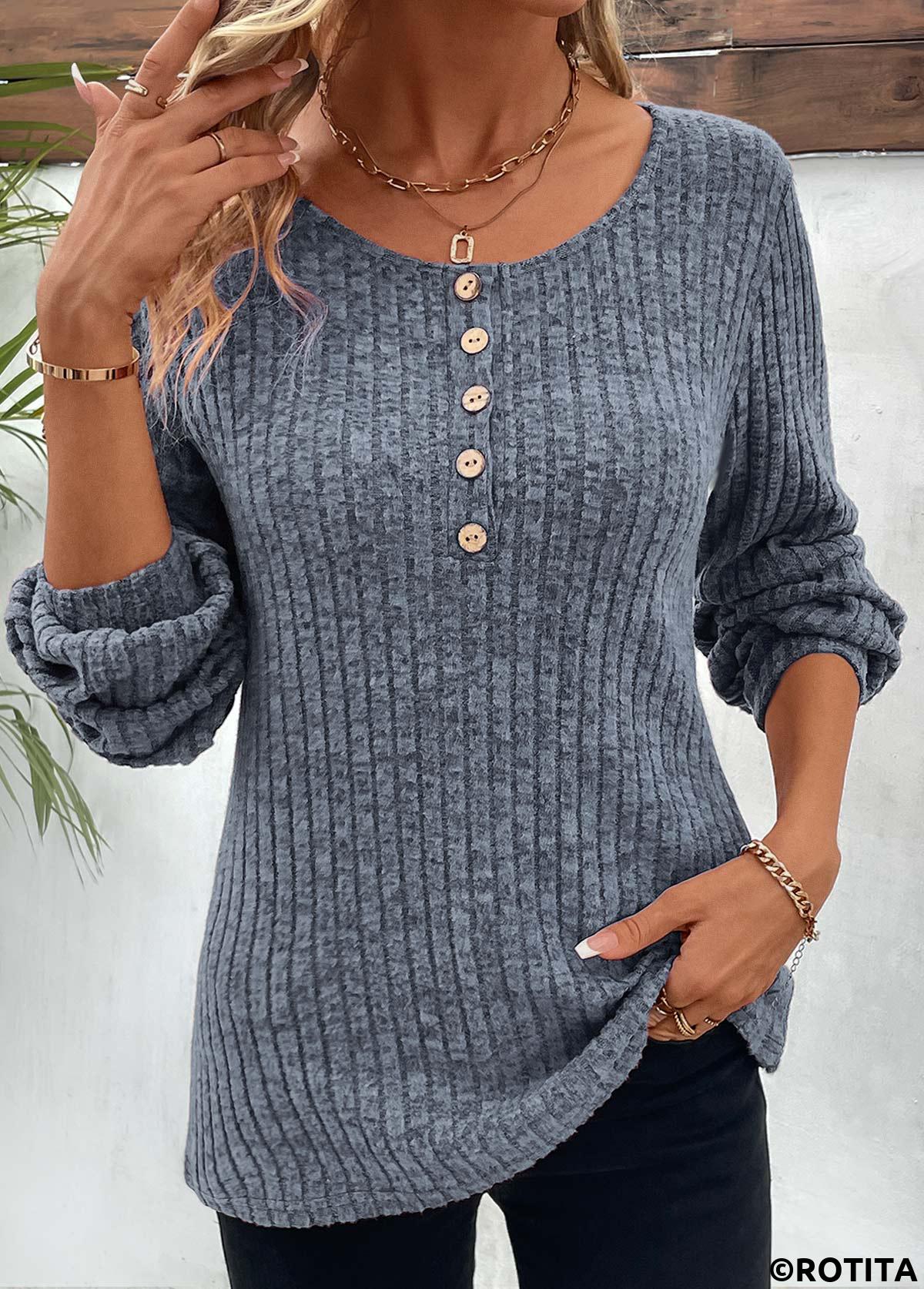 Dusty Blue tops,Plain Color tops,Button Dusty Blue Round Neck Long Sleeve T Shirt