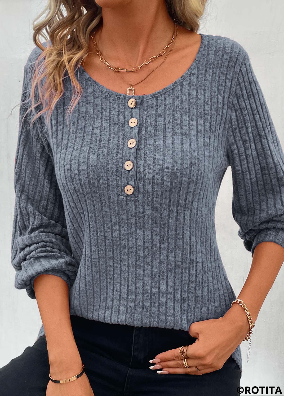 Dusty Blue tops,Plain Color tops,Button Dusty Blue Round Neck Long Sleeve T Shirt