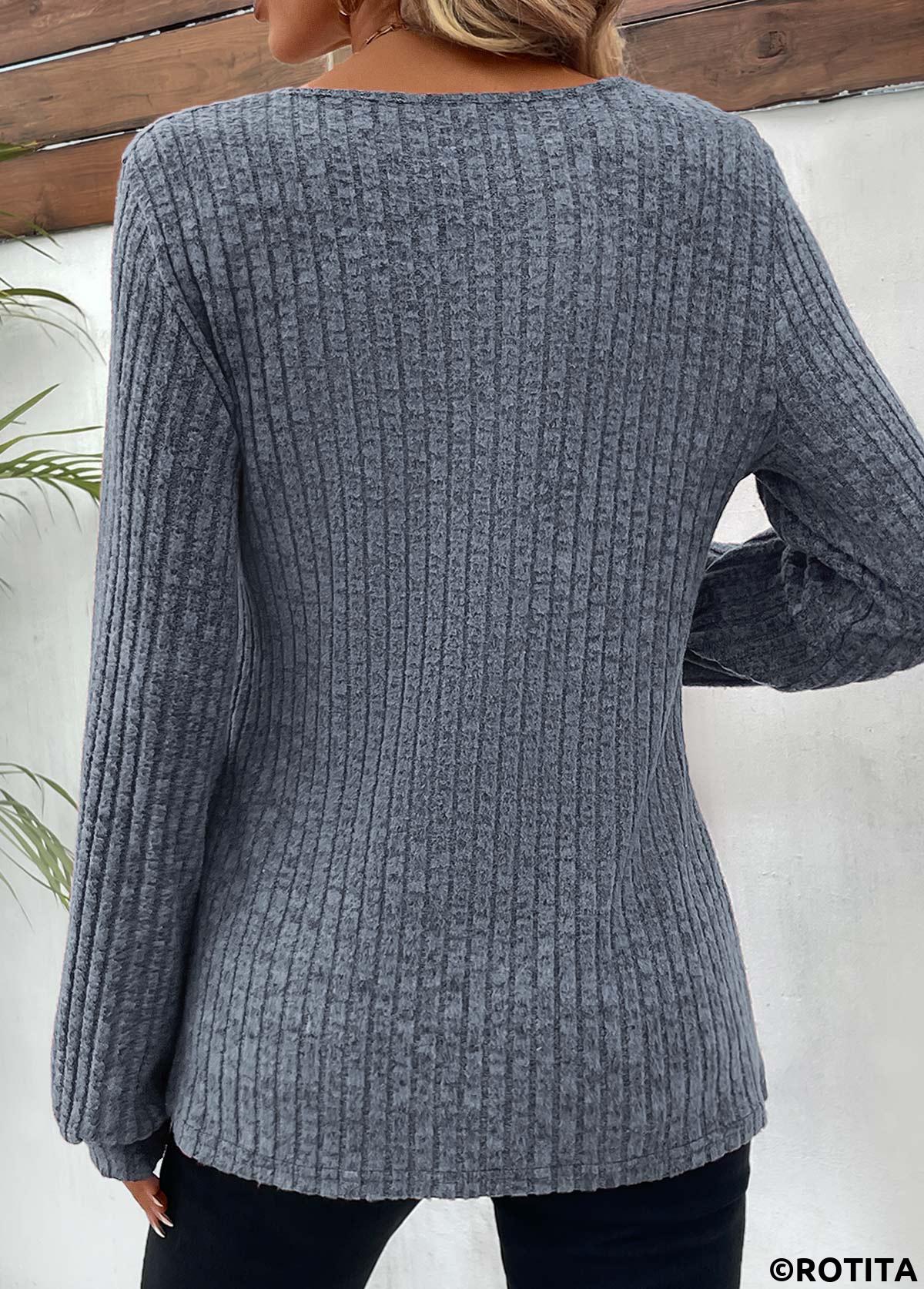 Dusty Blue tops,Plain Color tops,Button Dusty Blue Round Neck Long Sleeve T Shirt